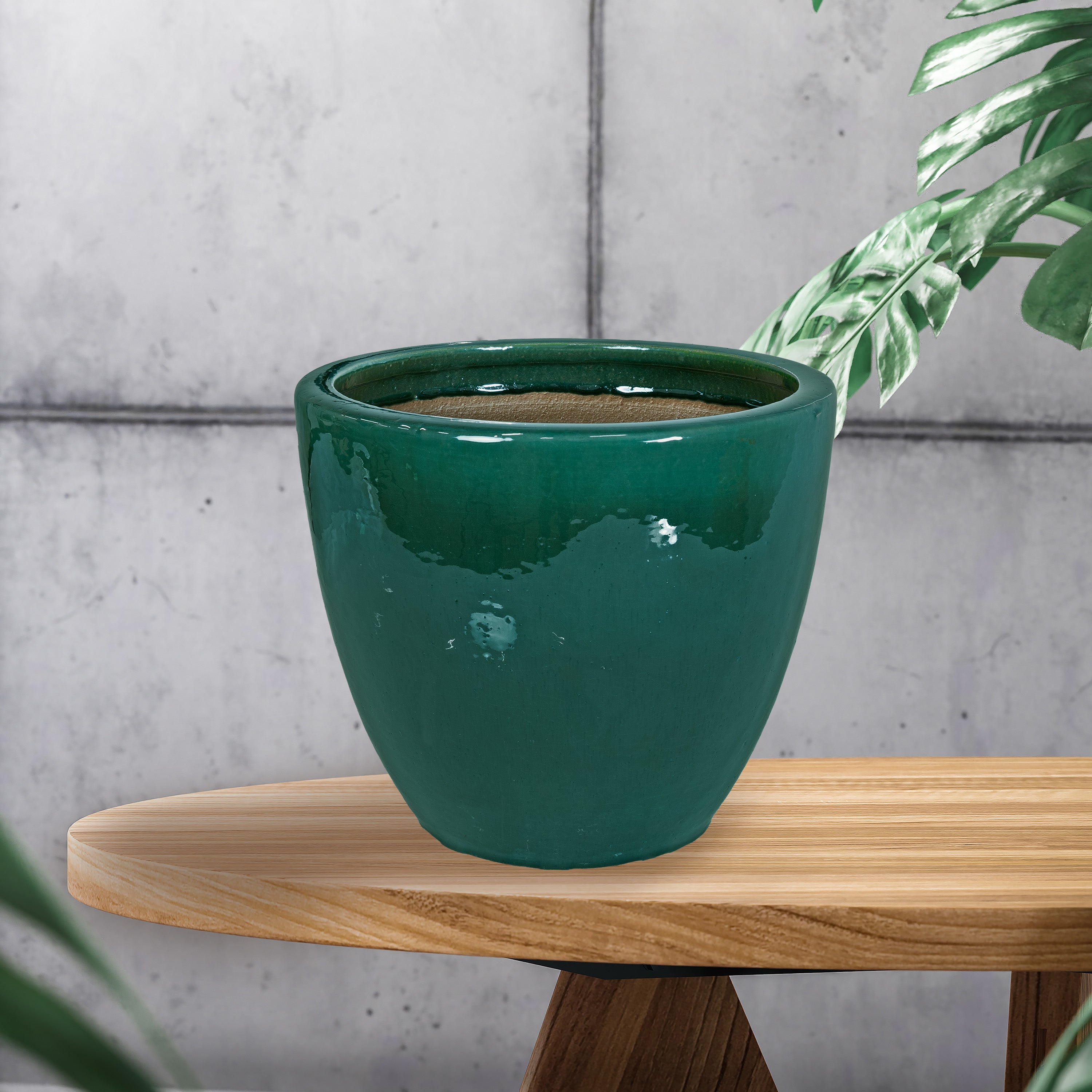 Sunnydaze Resort Round Glazed Ceramic Planter with Drainage Hole - Outdoor Garden Flower Pot for Patio, Deck & Balcony Decor