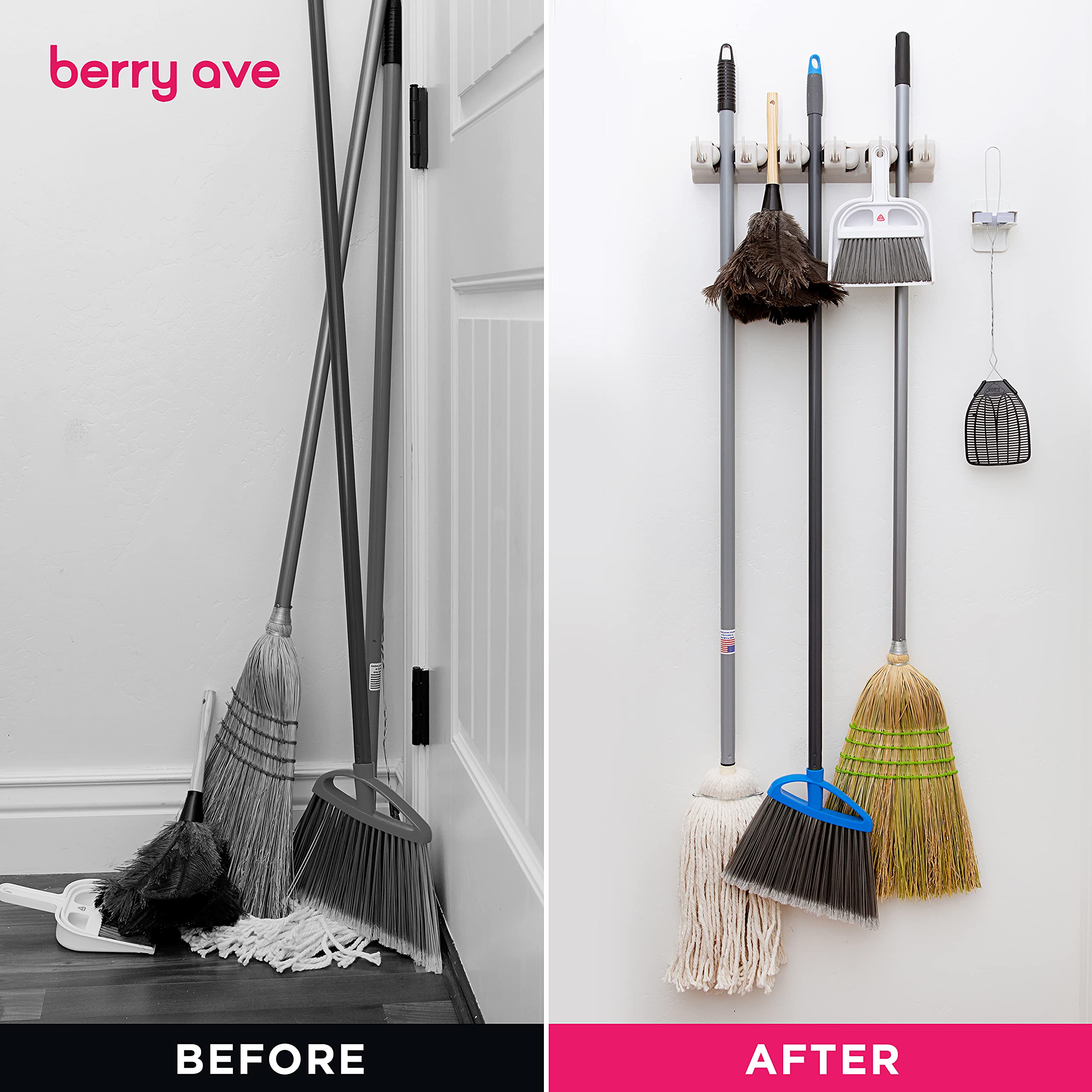 Wall Mount Broom Holder & Garden Tool Organizer - Heavy Duty Storage Rack for Mops, Rakes, Brooms (Up to 1.25-Inch Handles) - Space Saving Closet, Kitchen, Garage Organization with 6 Hooks - Perfect for Home, Apartment & Outdoor Storage (Beige, 1 Pack)