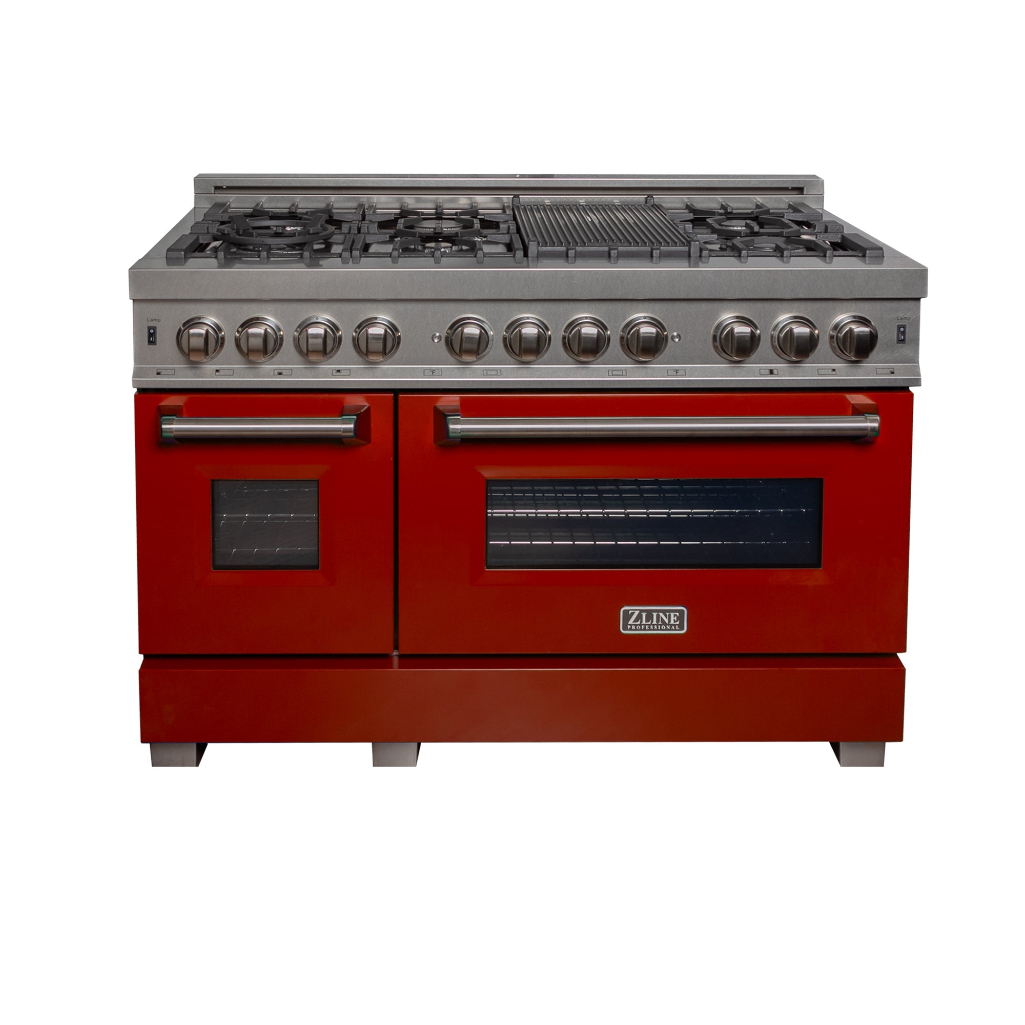 ZLINE 48-Inch 6.0 cu.ft Dual Fuel Range with 7-Burner Gas Cooktop & 2 Electric Ovens - Satin Stainless Steel & Red Gloss Doors (RAS RG 48) | Professional Kitchen Appliance for Home Chefs & Cooking Enthusiasts | Perfect for Baking, Roasting & Large Family Meals