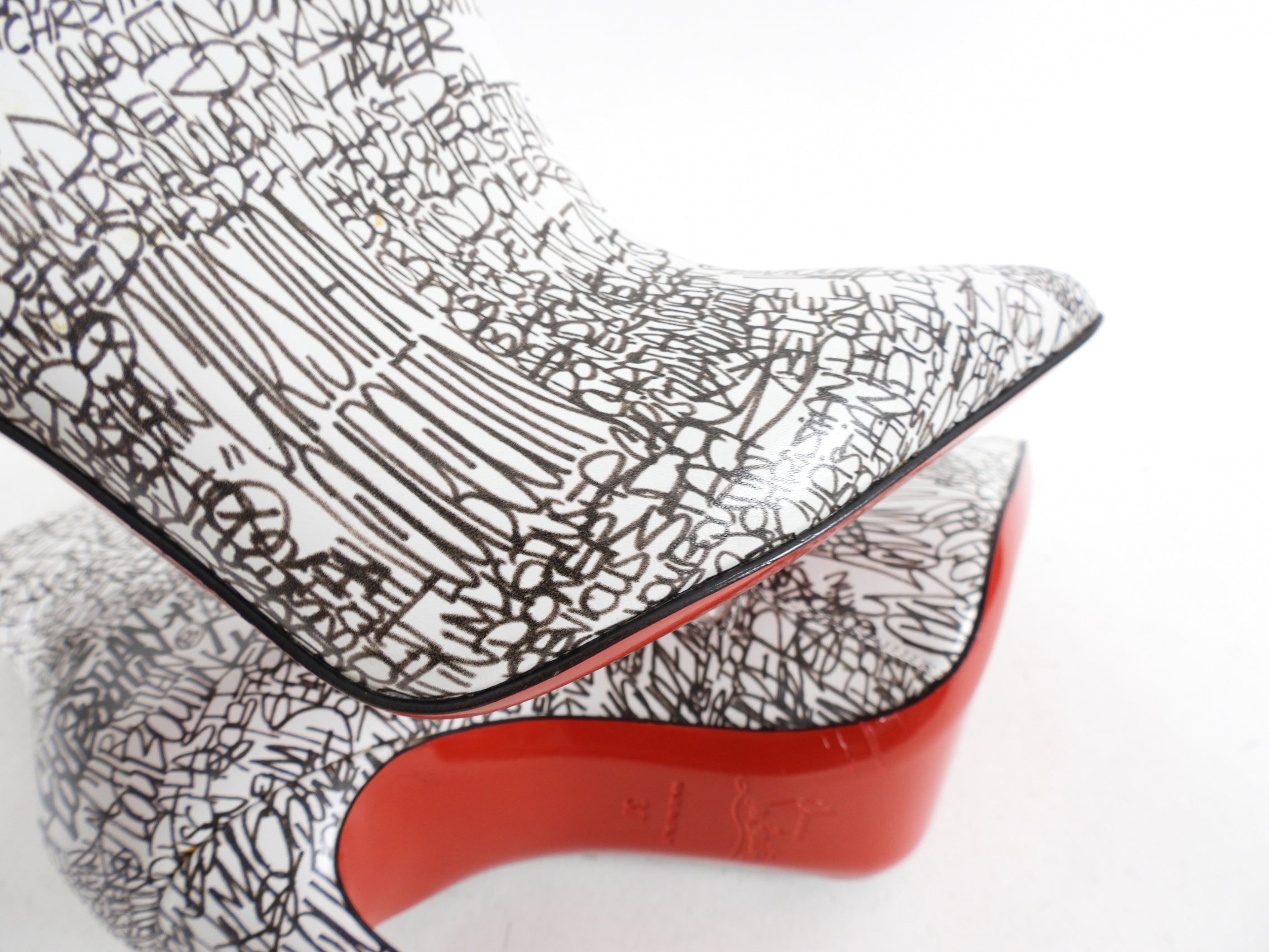 Christian Louboutin Graffiti Scribble White Leather So Kate Ankle Boots Women's Size 37 | Luxury High Heel Booties for Night Out & Party Wear