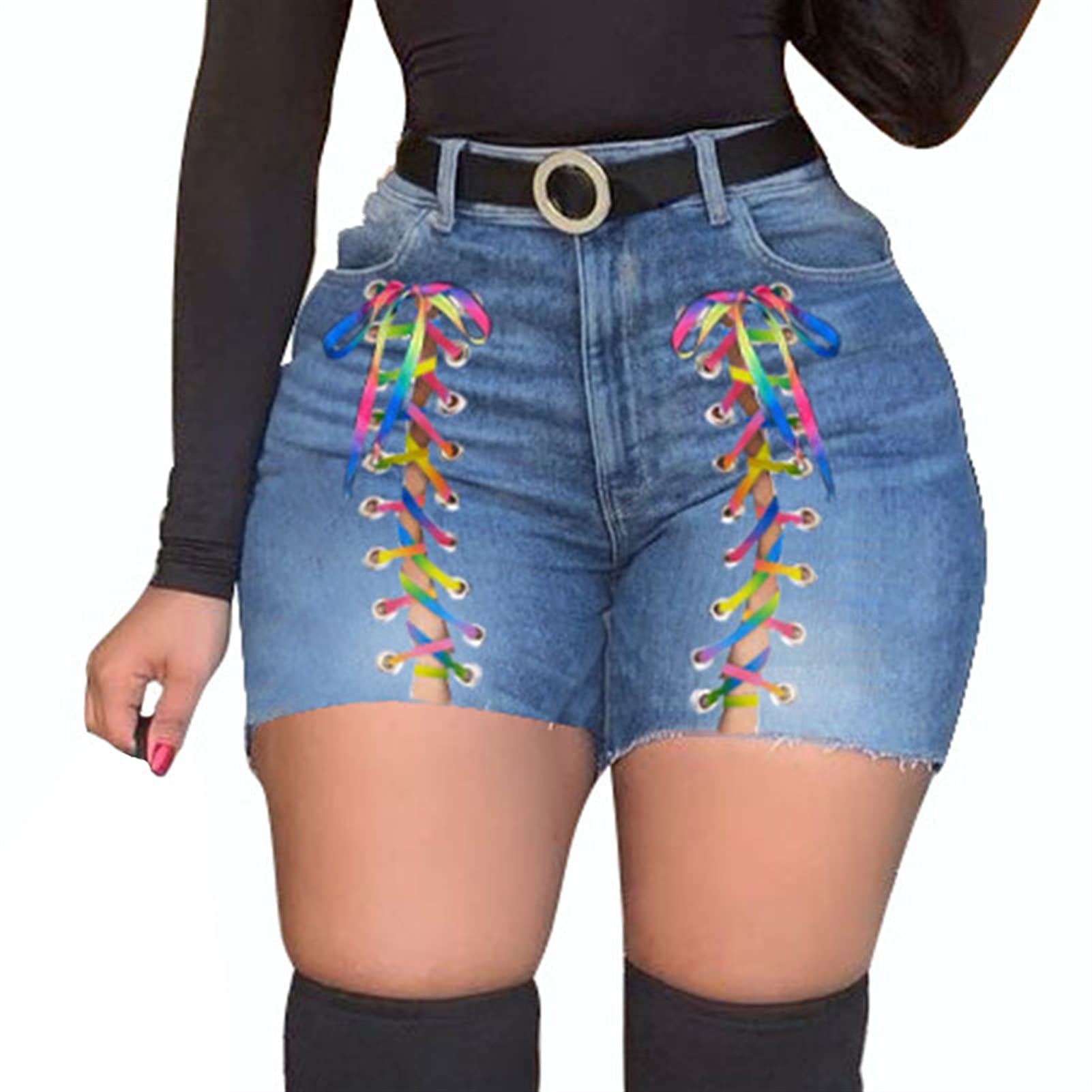 Plus Size Women's High Waist Ripped Denim Shorts - Sexy Hollow Out Tassel Lace Up Short Jeans in White & Blue (Style 2 Mid Blue, Size XL) | Perfect for Summer Outfits, Beach Vacations & Casual Street Style