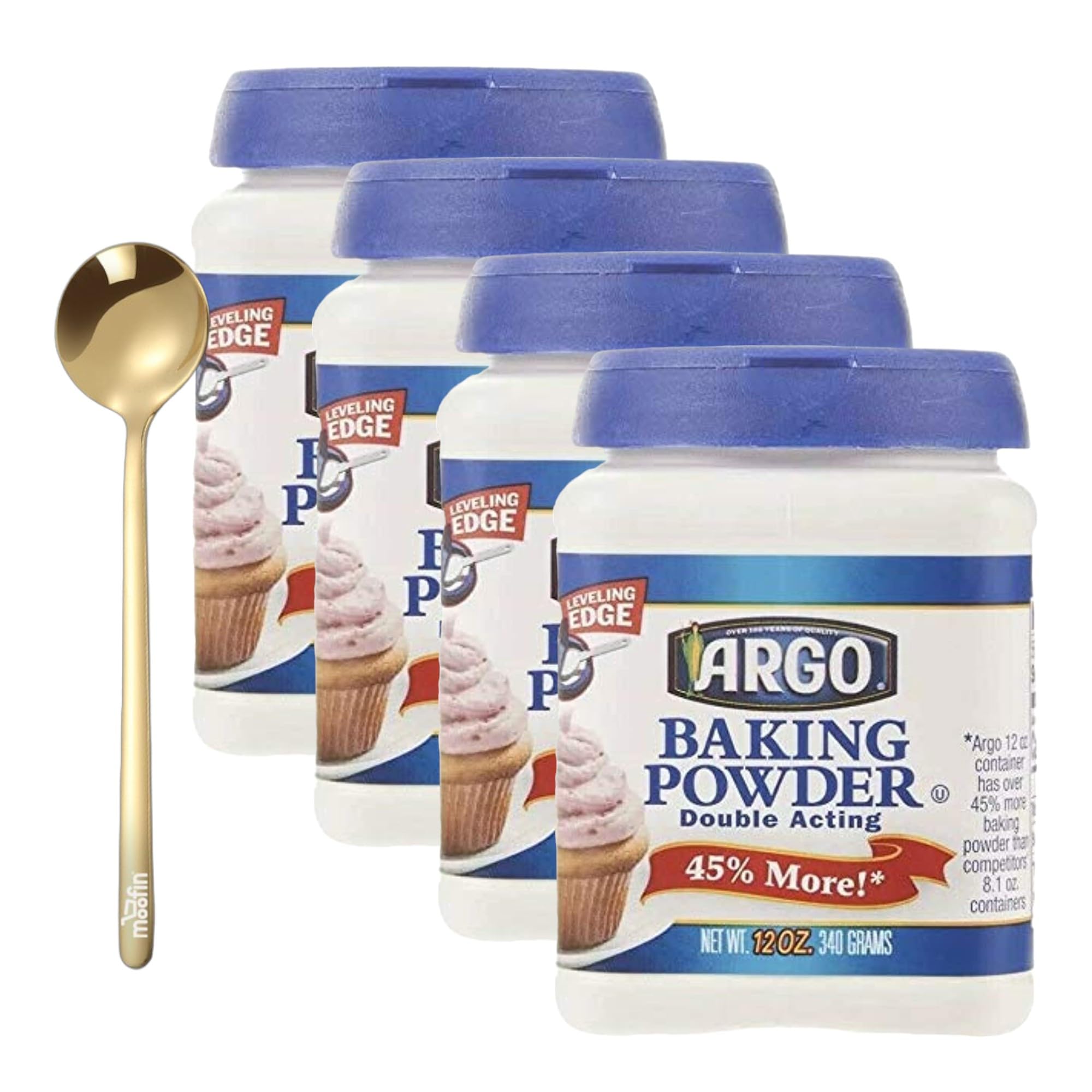 Double Acting Baking Powder, 12 Oz - Aluminum Free, Pure Cream of Tartar & Sodium Bicarbonate for Perfect Cakes & Biscuits | Includes Golden SS Spoon & Resealable Lid (Pack of 4) | Ideal for Baking, Cooking, and Homemade Desserts