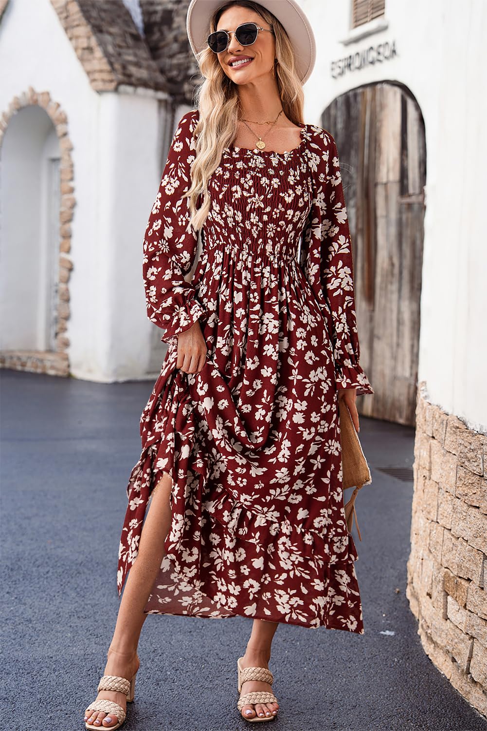Dokotoo Women's Floral Maxi Dress - Casual Square Neck Long Sleeve Smocked Waist Tiered Ruffle Hem Spring Summer Dress | Perfect for Beach Vacation, Garden Party & Date Night Outfits