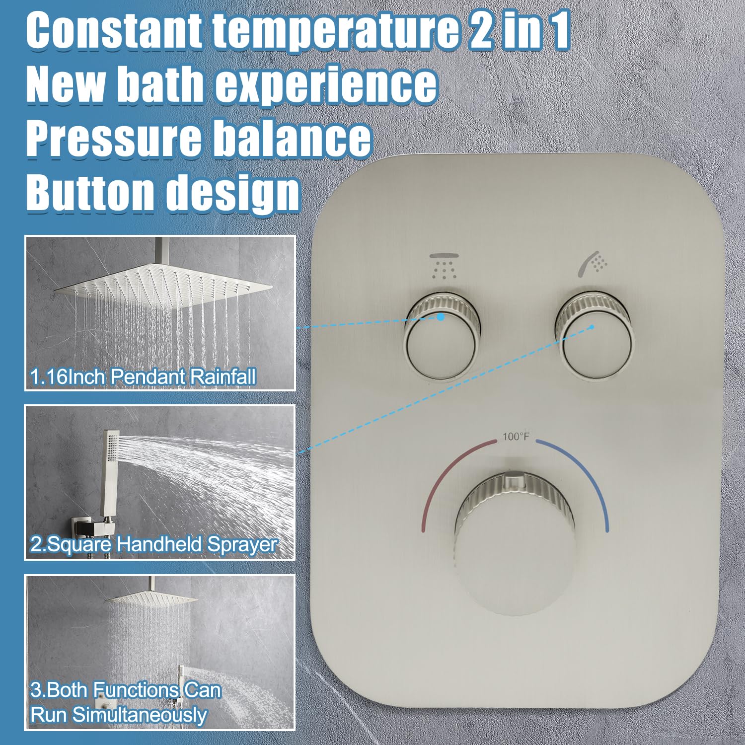 16 Inch Thermostatic Ceiling Mount Shower System - Brushed Nickel Luxury Rain Mixer with Handheld Shower (All Functions Work Simultaneously) for Spa-Like Bathroom Experience