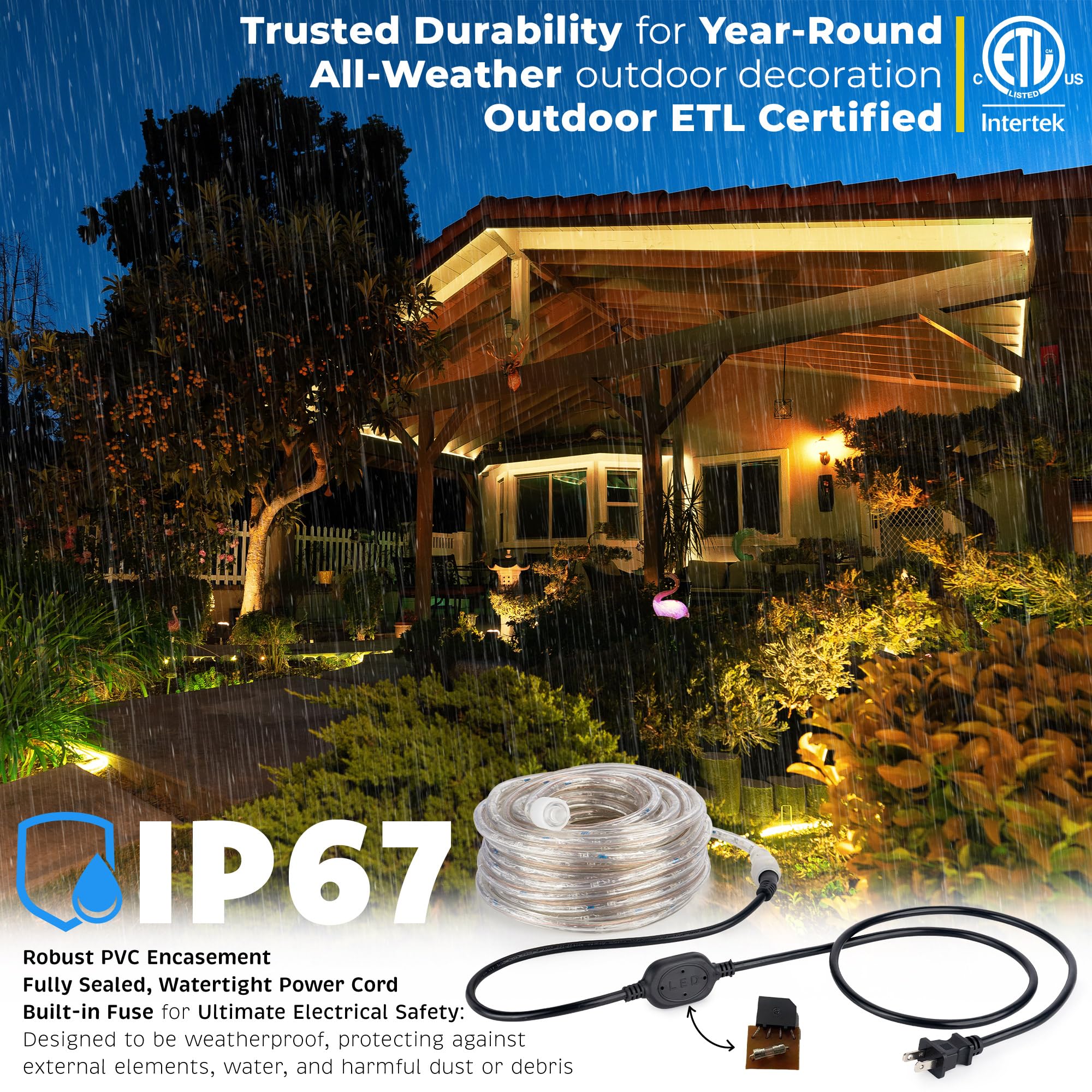WYZworks 1656LEDs 150ft Outdoor LED Rope Lights - ETL Certified Waterproof, 360° Flexible Connectable Tube for Christmas, Palm Tree, Landscape & Patio Decor (Warm White) - Perfect for Holiday, Garden & Exterior Lighting