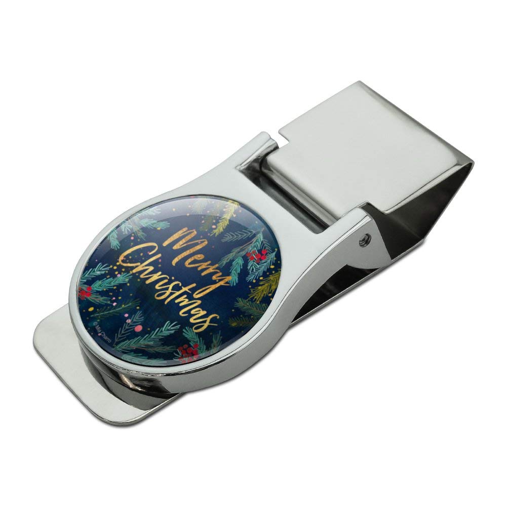 Merry Christmas Stars & Pine Needles Money Clip - Satin Chrome Plated Metal Gift for Men - Perfect for Holiday Cash Gifts, Stocking Stuffers & Christmas Presents
