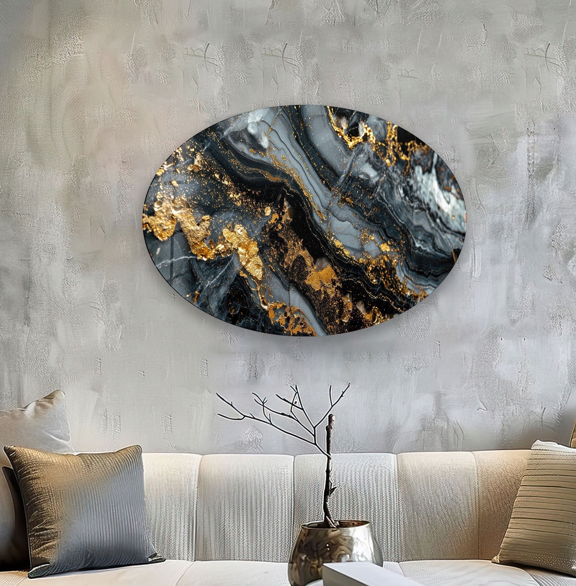 Asymmetric Oval Black Gold Splash Glass Wall Art - Modern Abstract Home Decor for Living Room, Bedroom & Office - Unique Handmade Glass Painting for Wall Decoration