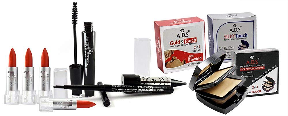 Adbeni Waterproof Mascara, Eyeliner, Lipstick & Compact Powder Set - Long Lasting Makeup Kit for Waterproof Eye Makeup and Full Face Coverage - Perfect for Swimming, Gym, and All-Day Wear