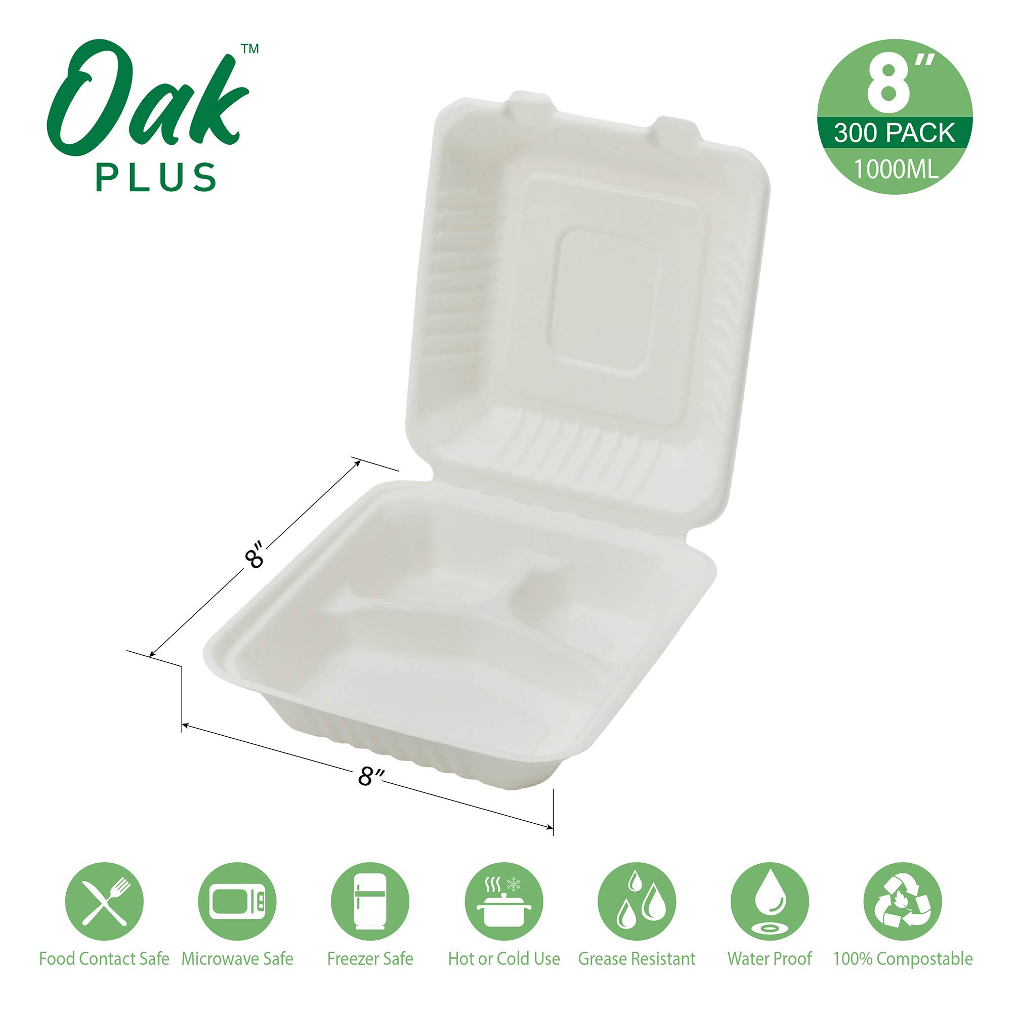 Eco-Friendly 8x8 3-Compartment Compostable Takeout Containers (300-Pack) - Glitzhome Oak Plus Sugarcane Fiber Clamshell Food Boxes with Lids | Microwave Safe Meal Prep & Storage Containers | Perfect for Restaurants, Catering, Food Delivery & Home Meal Prepping
