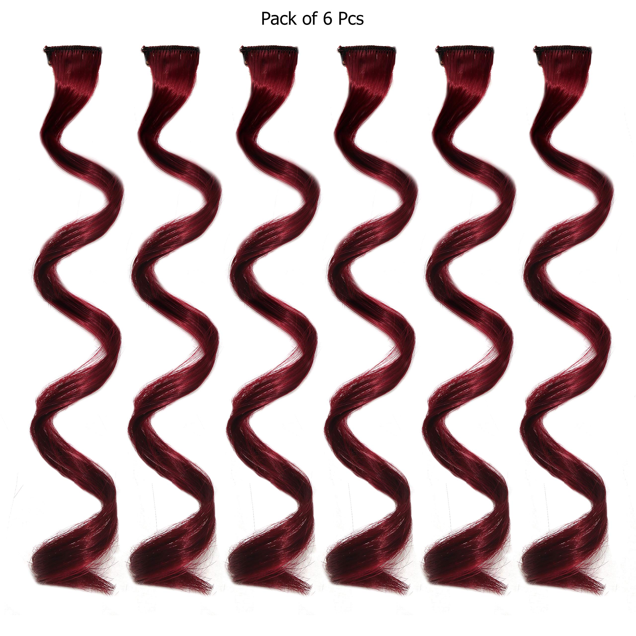 Rapidsflow® 6-Piece Curly Maroon Hair Extensions for Women & Girls - 100% Real Human Hair Highlights for Party, Cosplay & Daily Styling