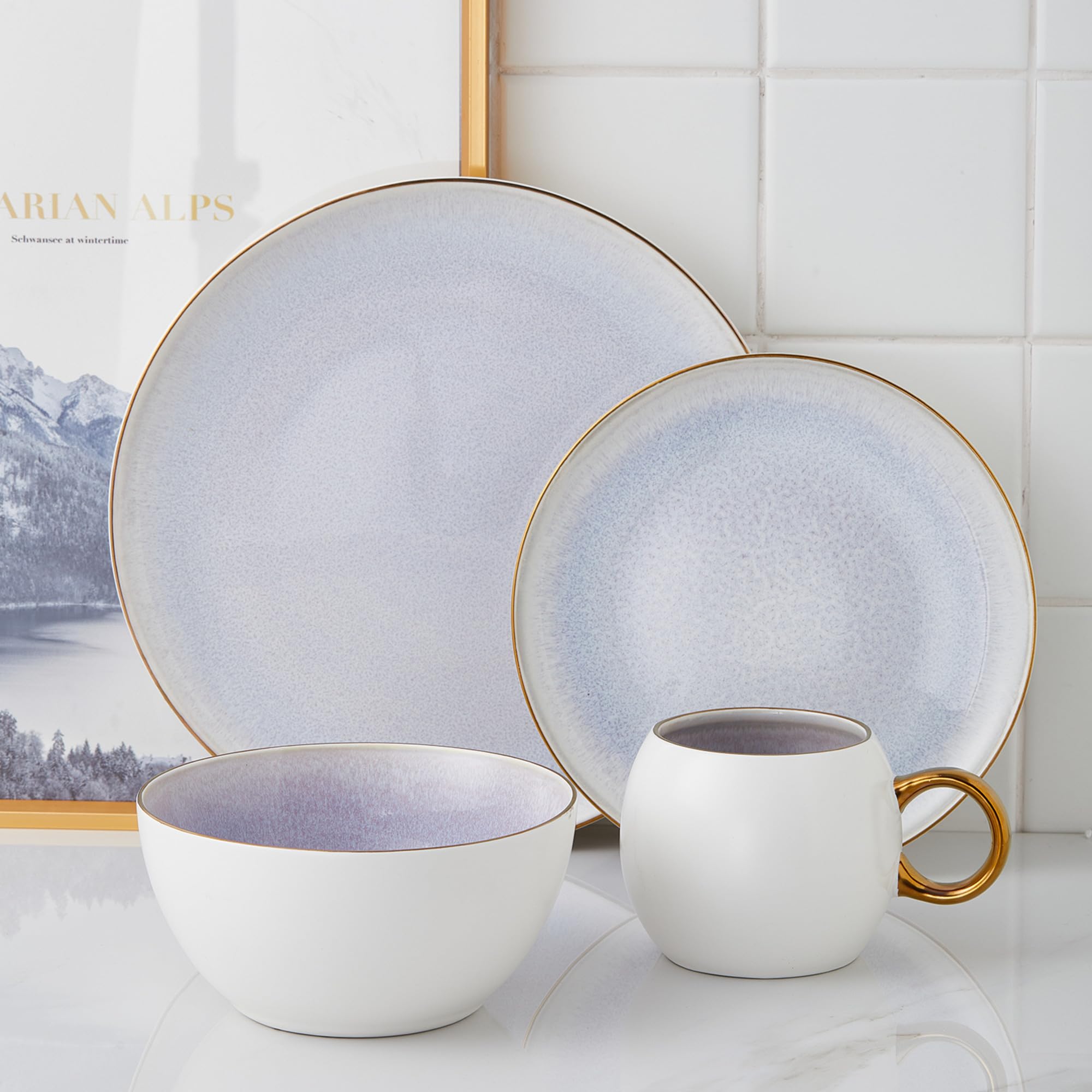 Luna Porcelain Dinnerware Set 16-Piece - 4-Person Lavender Stone Lain Dinner Plates, Bowls, Mugs & Saucers for Elegant Dining & Entertaining