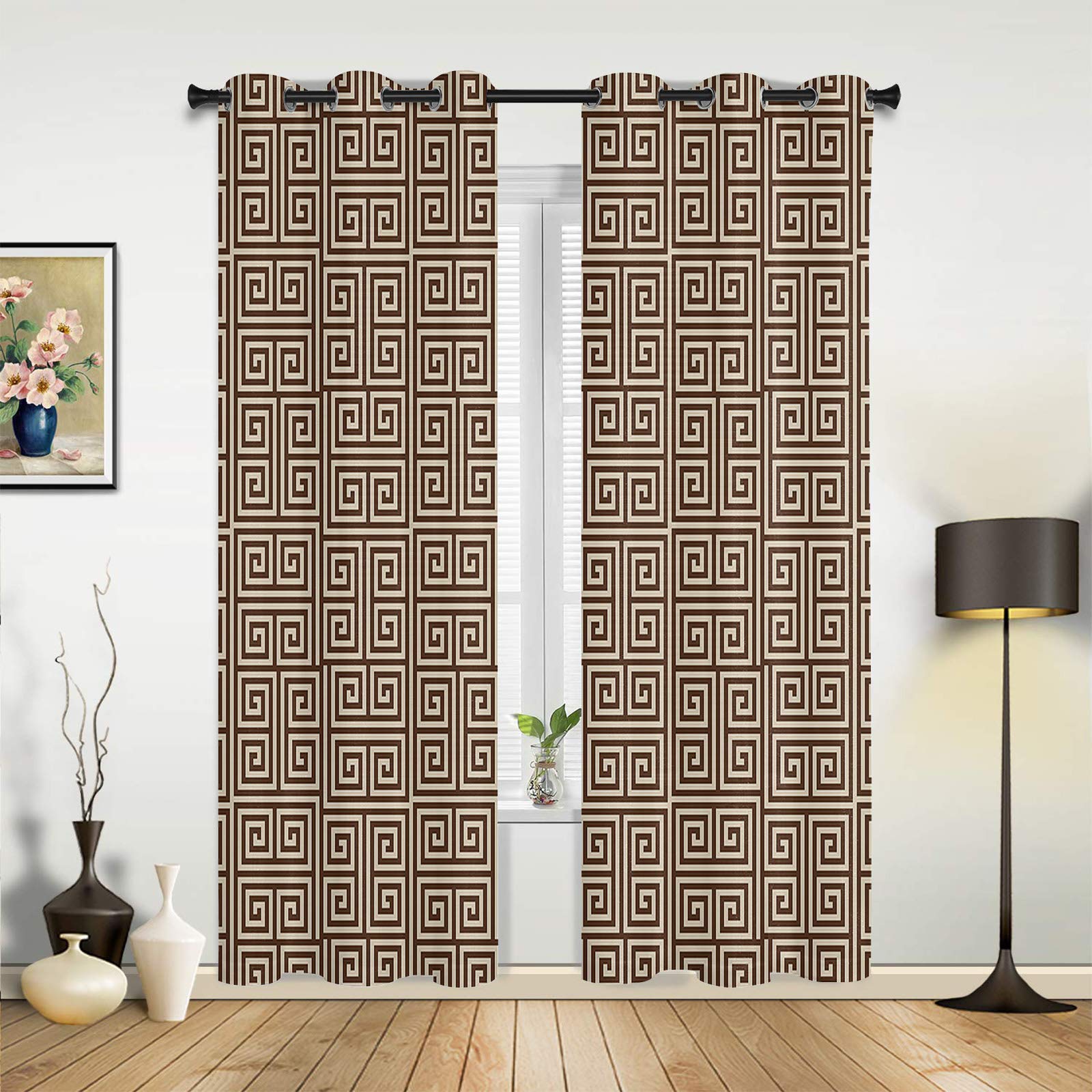 Traditional Style Ethnic Grommet Top Window Curtains - 2 Panels Room Darkening Drapes in Geometric Square Brown Design for All Seasons | Perfect for Bedroom, Living Room & Home Decor