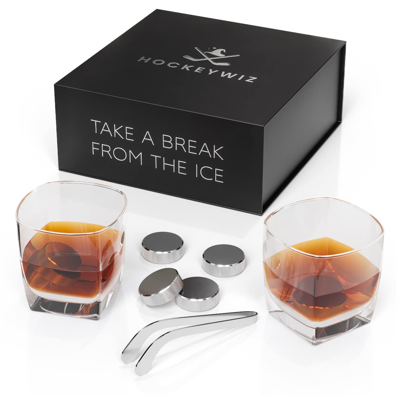 Premium 7-Piece Whiskey Stone Set with Cooling Gel - 4 Hockey Puck Whiskey Stones & Hockey Stick Tongs - Elegant Gift Set for Whiskey Lovers - Perfect for Father's Day, Birthday & Home Bar Use