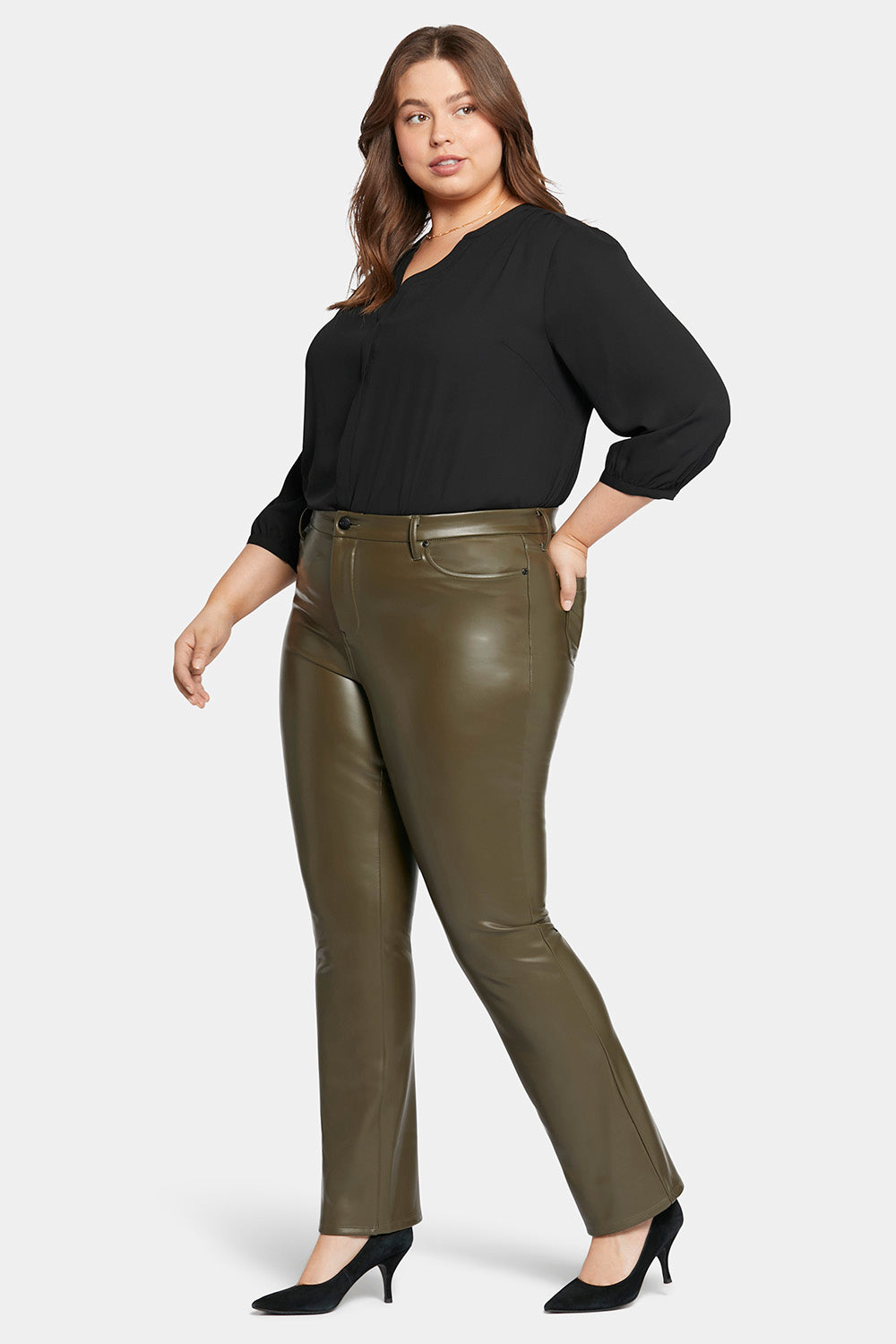 Stylish Plus Size Faux Leather Marilyn Straight Pants in Ripe Olive - Perfect for Work, Night Out & Casual Wear