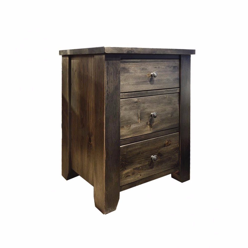 Solid Pine Canadian Made 3 Drawer Nightstand with Rough Sawn Finish - Rustic Bedside Table for Bedroom, Guest Room, or Nursery