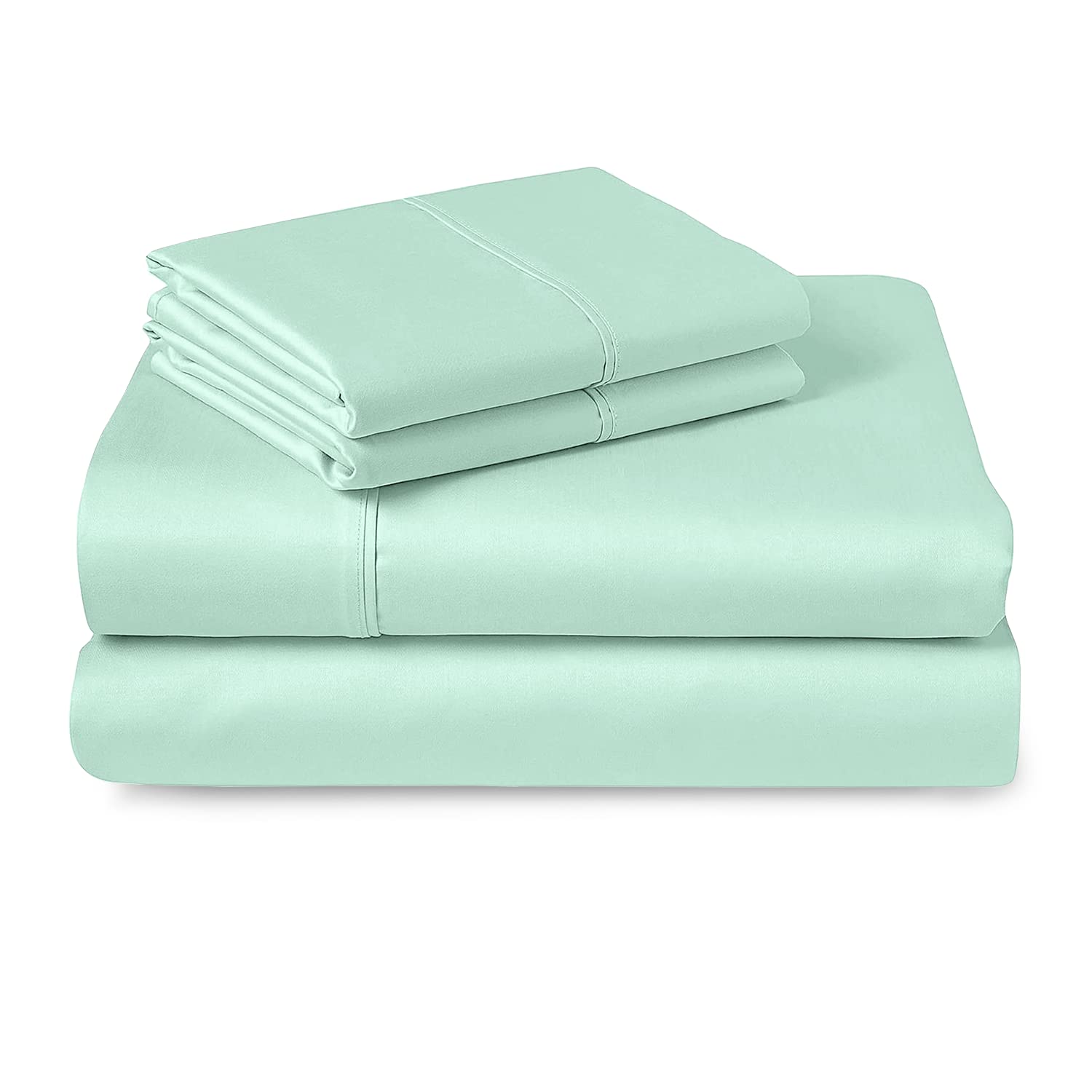 Pizuna 400 Thread Count 100% Long Staple Pure Cotton Sheet Set - Split King Size, Aqua Mint Sateen Weave, Breathable & Luxuriously Soft for 15