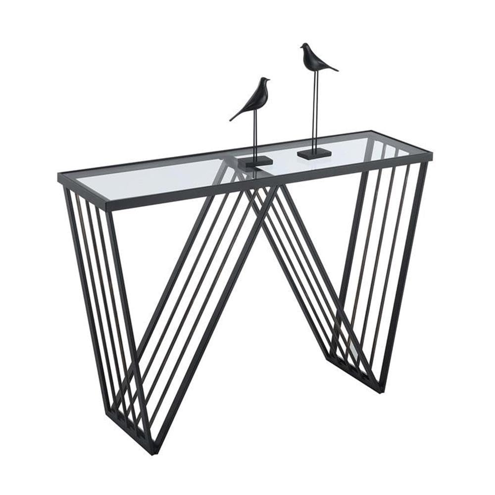 Modern Black Metal Console Table with Clear Glass Shelf - Sleek Entryway Furniture for Hallway, Living Room & Office Decor