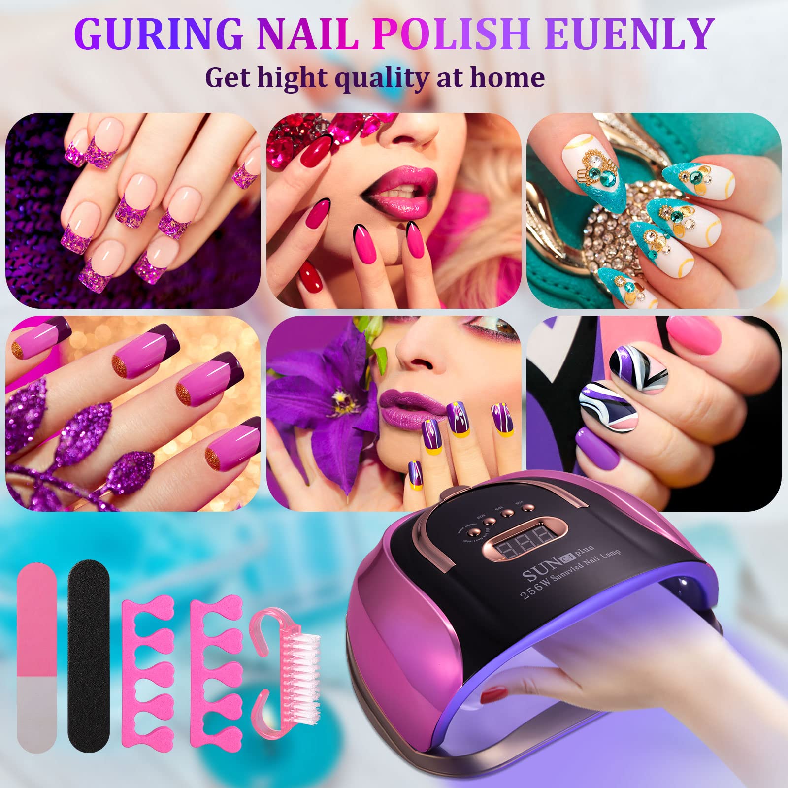 Professional 256W UV LED Nail Lamp with Auto Sensor - 4 Timer Settings for Gel Polish Curing, Salon-Quality Manicure & Pedicure Light (Includes 9 Free Accessories) - Perfect for Home Nail Care & Professional Salons
