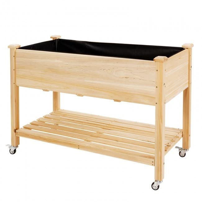 Raised Garden Bed with Lockable Wheels, Shelf & Liner - Elevated Wood Planter Box for Patio, Balcony & Indoor Plants | Easy Mobility & Storage Solution