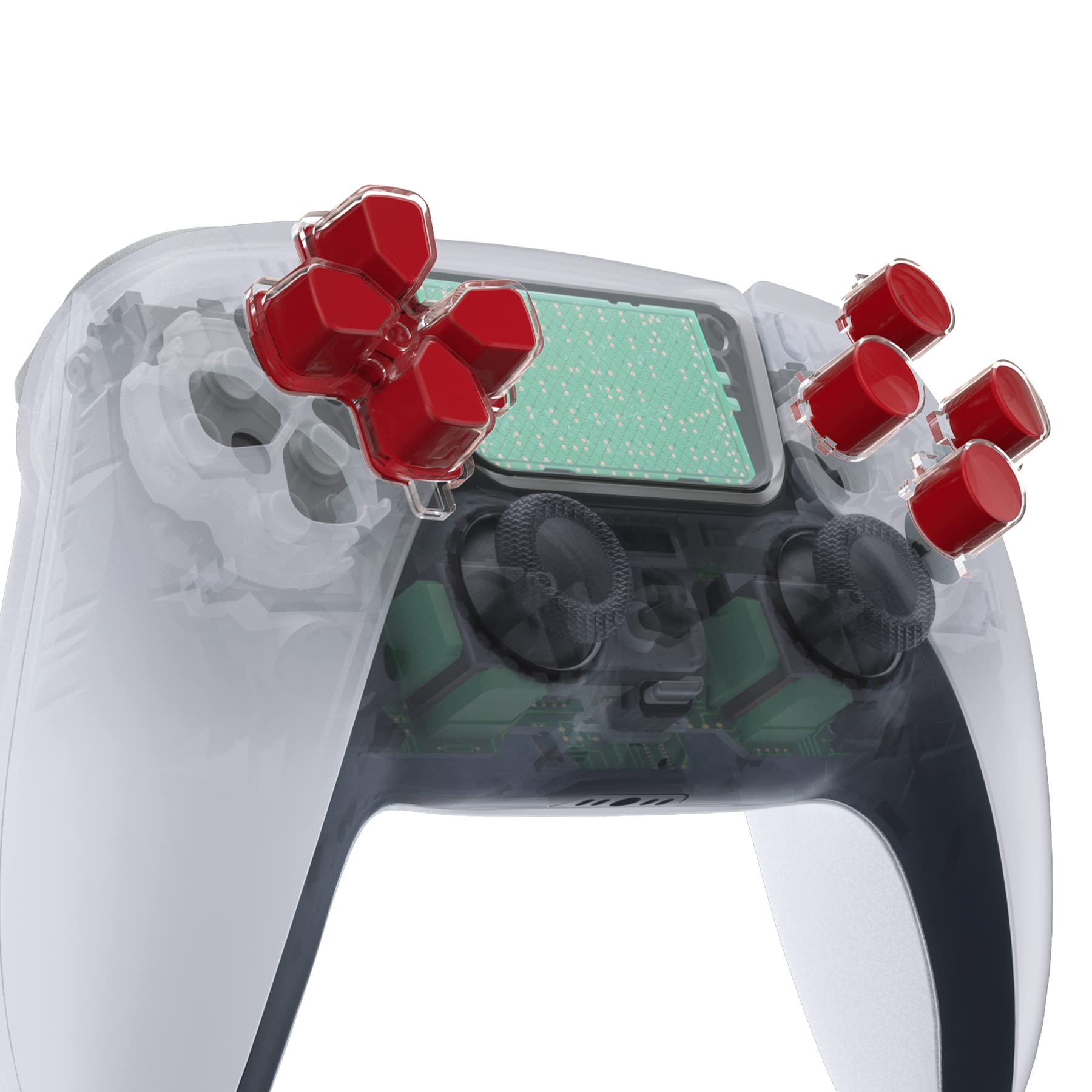 eXtremeRate Two-Tone Carmine Red & Clear Custom D-Pad Action Buttons Replacement for PS5 Controller - No Letter Imprint, Enhanced Gaming Performance for FPS, Racing & Fighting Games