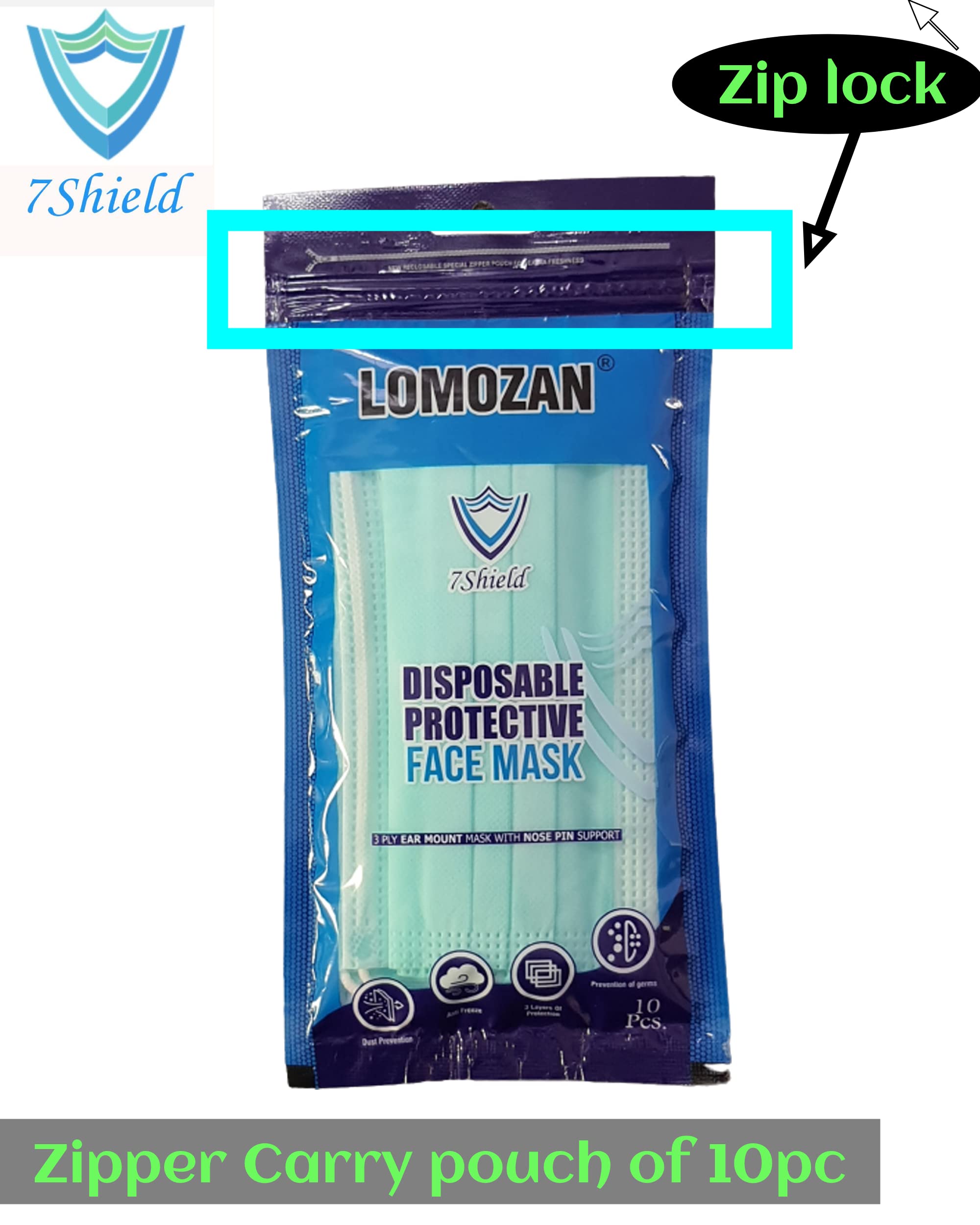 7Shield CE & ISO Certified Face Mask with Nose Clip & Soft Ear Loops - Water Resistant Surgical Mask (10-Pack, Multicolor) - Ideal for Work, Travel & Daily Protection