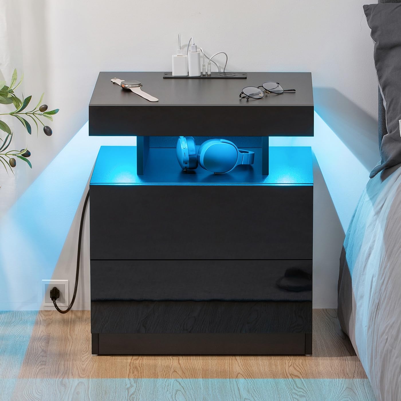 HOMMPA LED Nightstand with Wireless Charging, USB Ports & RGB Adjustable Lights - High Gloss Smart Bedside Table with 2 Drawers - Modern Black Night Stand for Bedroom, Living Room & Office Use