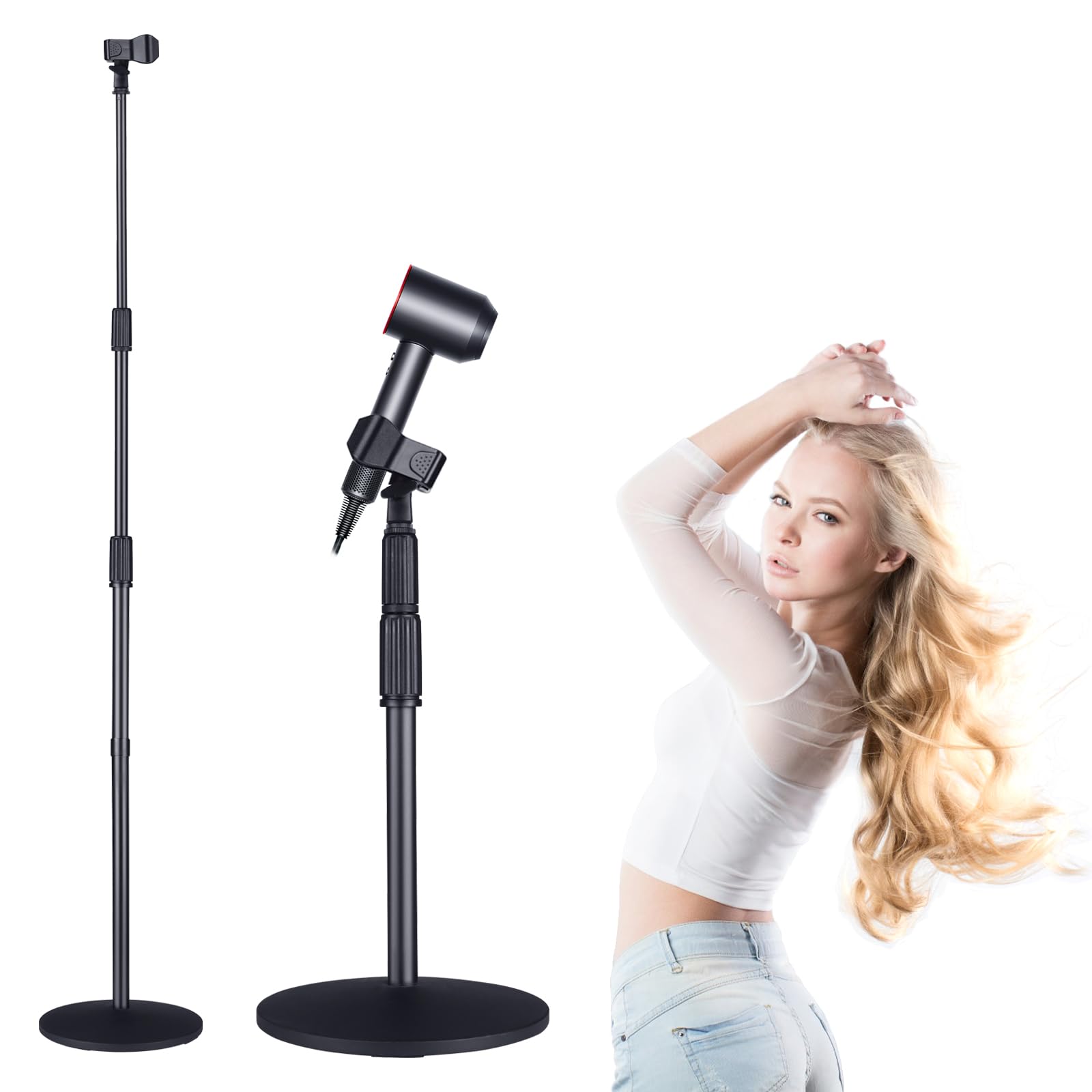 Hands Free Hair Dryer Stand Holder - 59in/150cm Adjustable Height, Heavy Duty Blow Dryer Floor Stand with 180° Rotation & Stable Base for Salon, Home, and Professional Styling Use