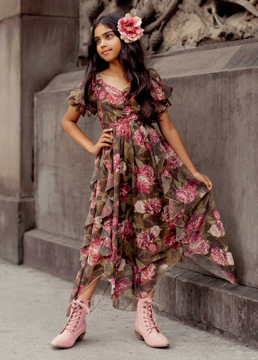 Kayden Floral Print Dress in Bistre - Elegant Women's Summer Dress for Casual Outings & Special Occasions