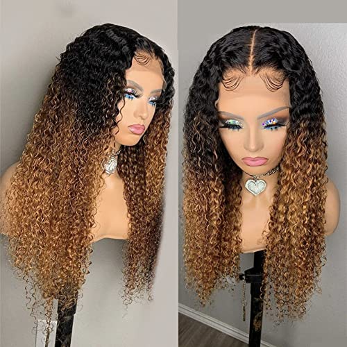 Ombre Kinky Curly 13x4 Lace Front Wig for Black Women - 150% Density Brazilian Human Hair Wig in 1B30 Brown with Baby Hair | 10 Inch V-Part Lace Wig for Daily Wear, Parties & Special Occasions