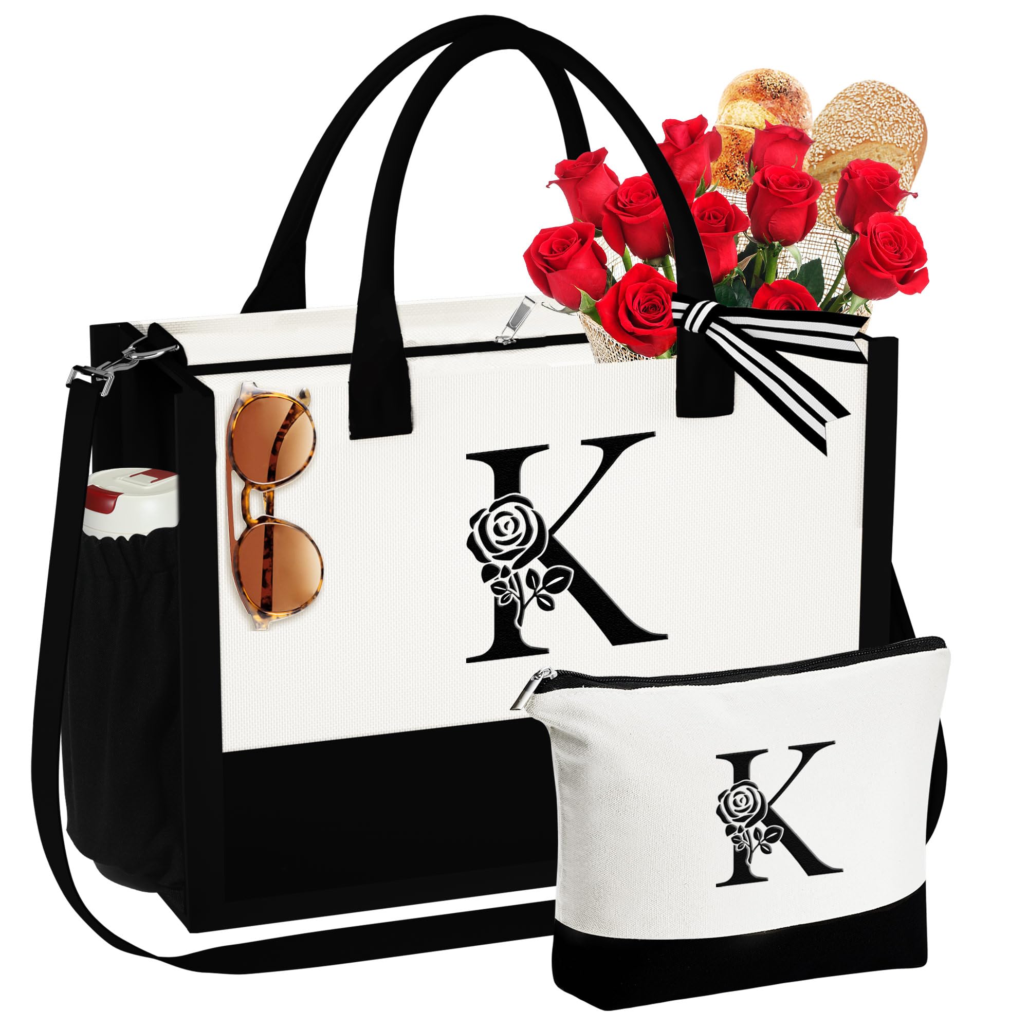 Personalized Initial Canvas Tote Bag & Makeup Pouch Set - Monogrammed Gift for Women, Wife, Mom, Teacher, Sister | Birthday, Mother's Day, Christmas Present | Perfect for Work, Travel, Shopping & Daily Use