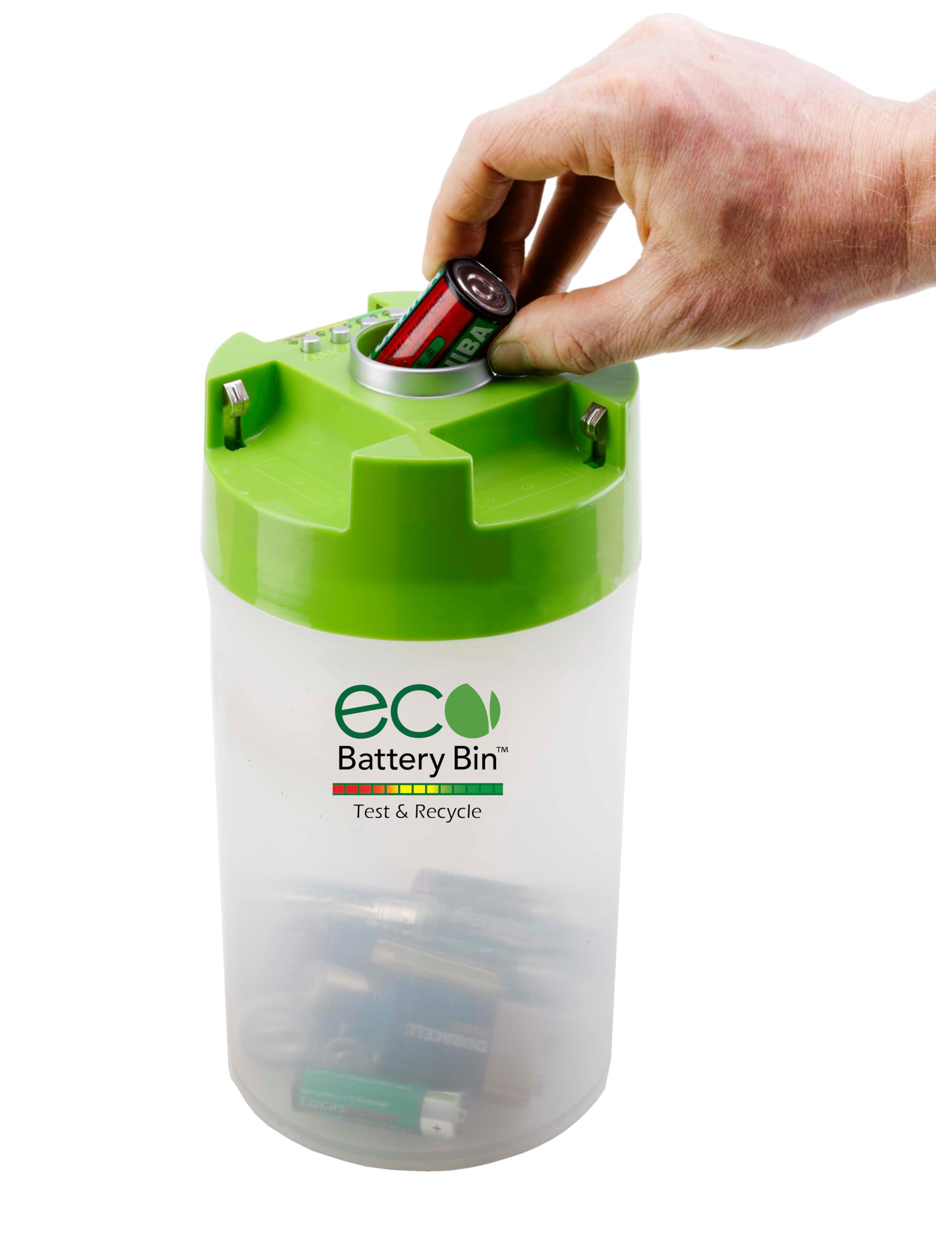 ECO Battery Bin - Test, Store & Recycle AA AAA C D Batteries | Safe Battery Organizer for Home, Office & Garage | Perfect for Household, Electronics & Toy Batteries