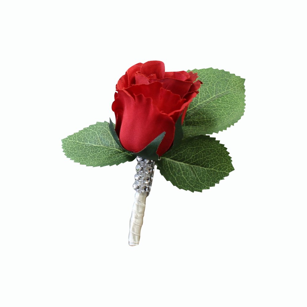 Handmade Rosebud Boutonniere Artificial Flower - Pearl Headed Pin Included (Red) - Perfect for Weddings, Prom, Anniversaries & Special Occasions