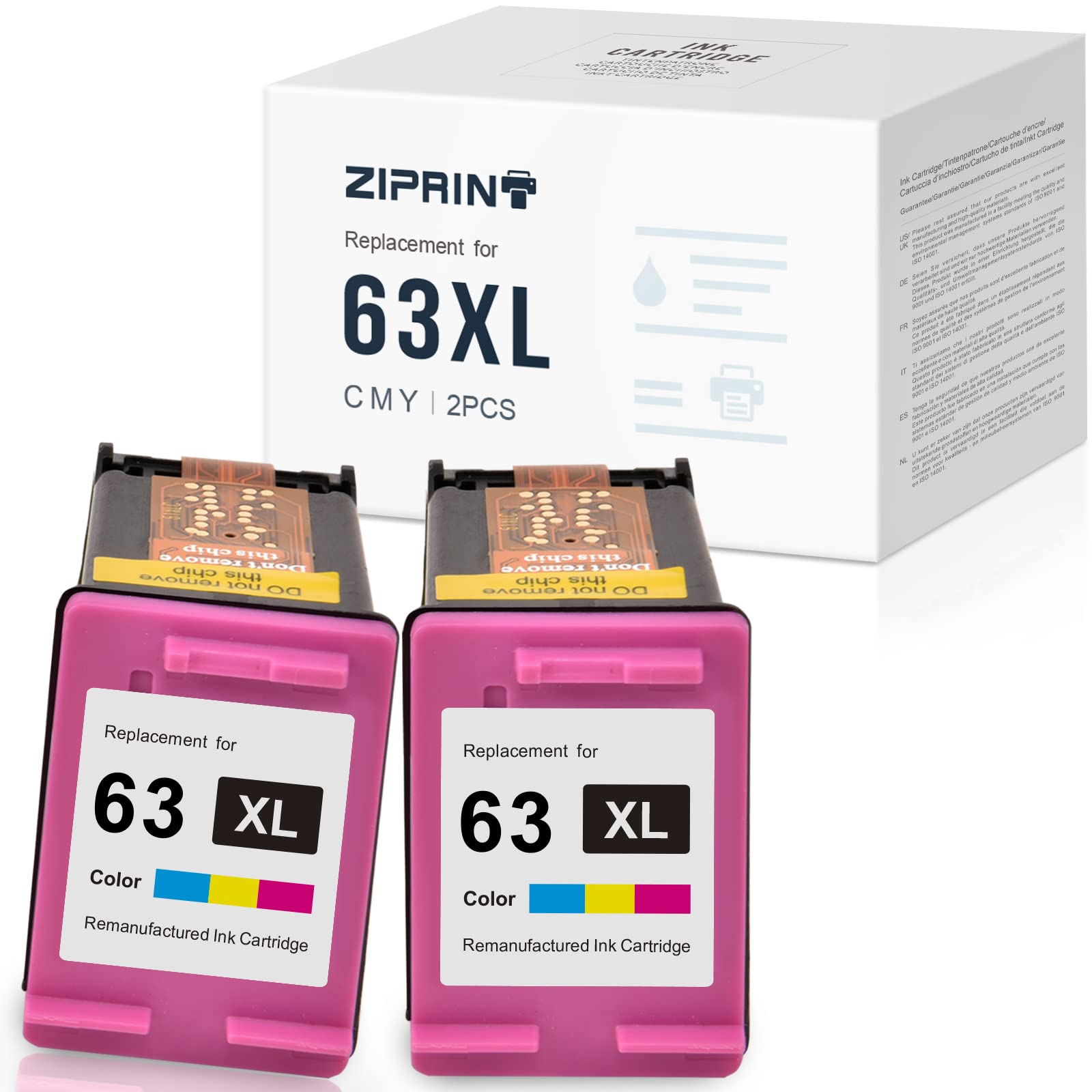 ZIPRINT Remanufactured Ink Cartridge Replacement for HP 63XL 63 XL - Compatible with Officejet 3830 3833 4650, Envy 4520 4512, Deskjet 3630 3632 3634 2130 2132 1112 Printers (2 Pack, Tri-Color) - Perfect for Home Office Printing, School Projects & Small Business Documents
