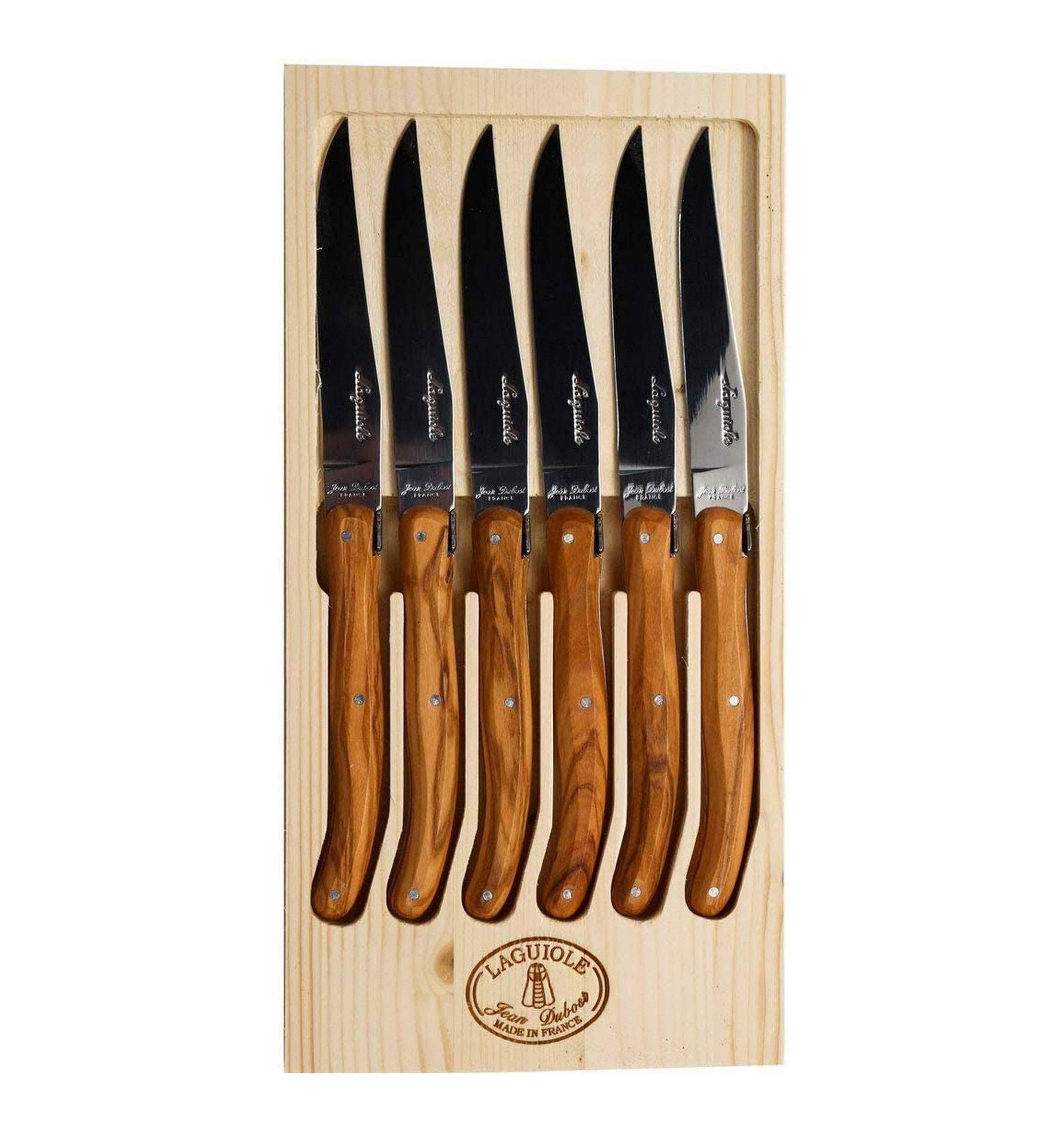 Premium Jean Dubost 6-Piece Steak Knife Set with Olive Wood Handles - French Made Cutlery for Steak, Meat & Fine Dining - Perfect for Restaurants, Dinner Parties & Gifts