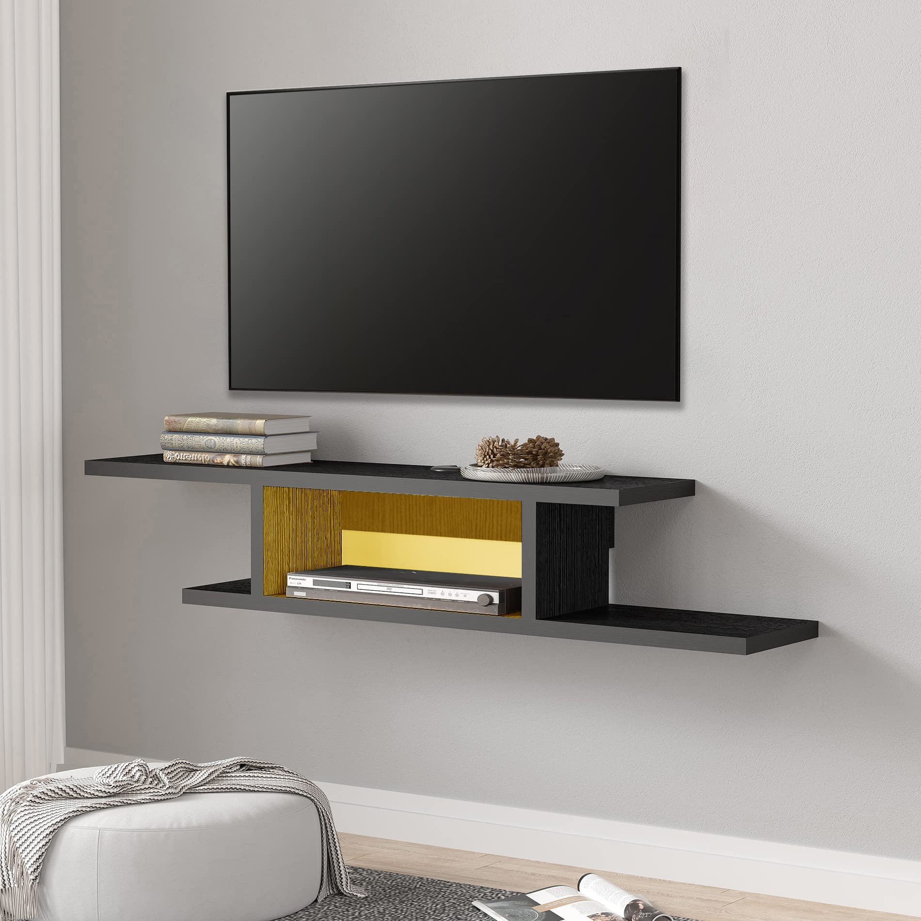 FITUEYES 50 Inch Modern Floating TV Stand with Adjustable Yellow LED Lights - Wall Mounted Under TV Shelf, Entertainment Center Media Console with Storage - Perfect for Living Room, Bedroom & Home Theater Setup - Black Wood Grain Finish