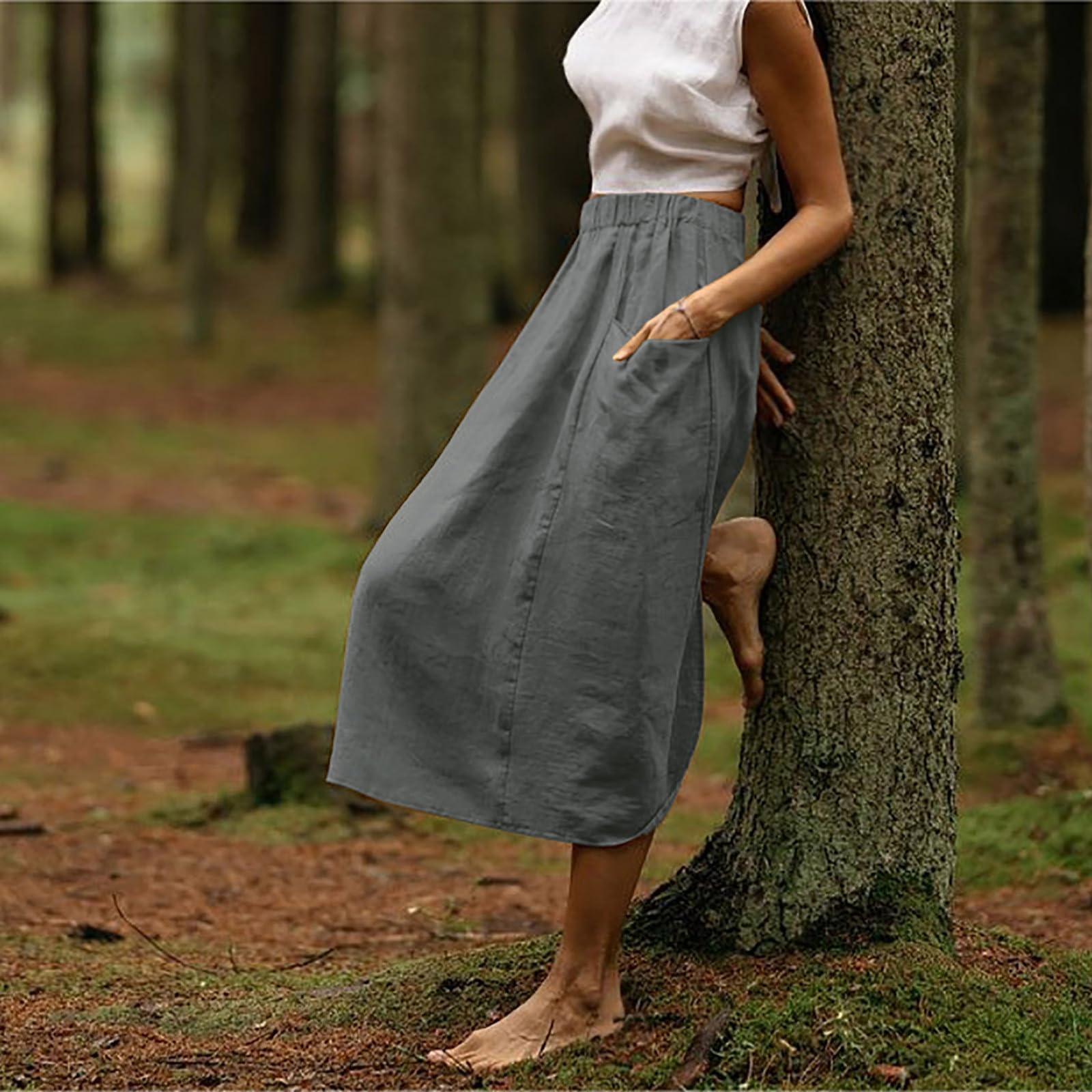 Women's Elastic Waist A-Line Midi Skirt with Pockets - Stretchy Flared Swing Skirt for Casual Wear, Beach & Vacation Outfits | Perfect for Summer, Travel & Everyday Fashion