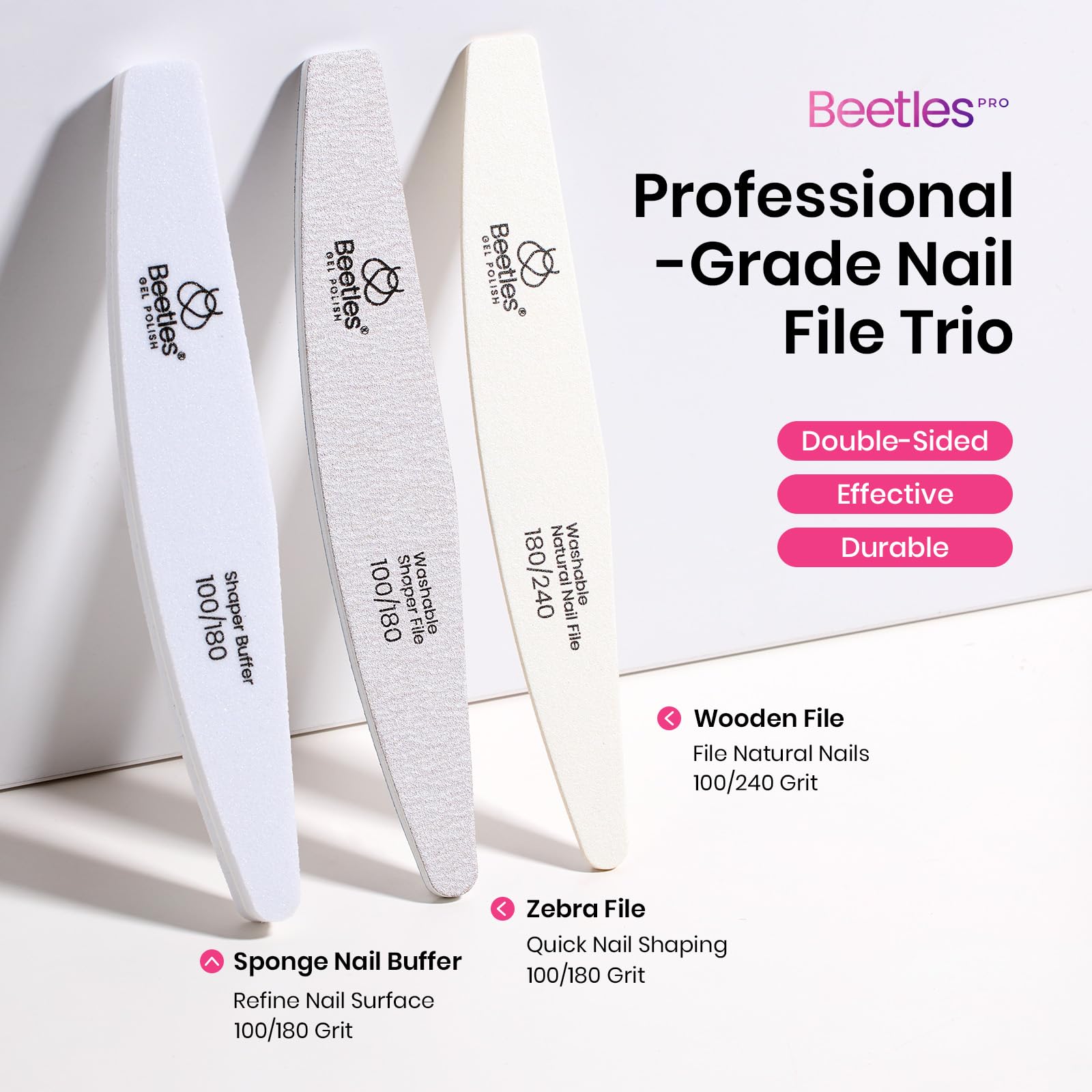 Beetles Professional Nail File and Buffer Set - 3 Pcs 100/180/240 Grit Nail Files for Acrylic, Gel & Natural Nails - Manicure Tools for Home Salon, DIY Nail Care - Perfect Gift for Women & Nail Enthusiasts (Use for shaping, smoothing, and polishing nails at home or professional salons)