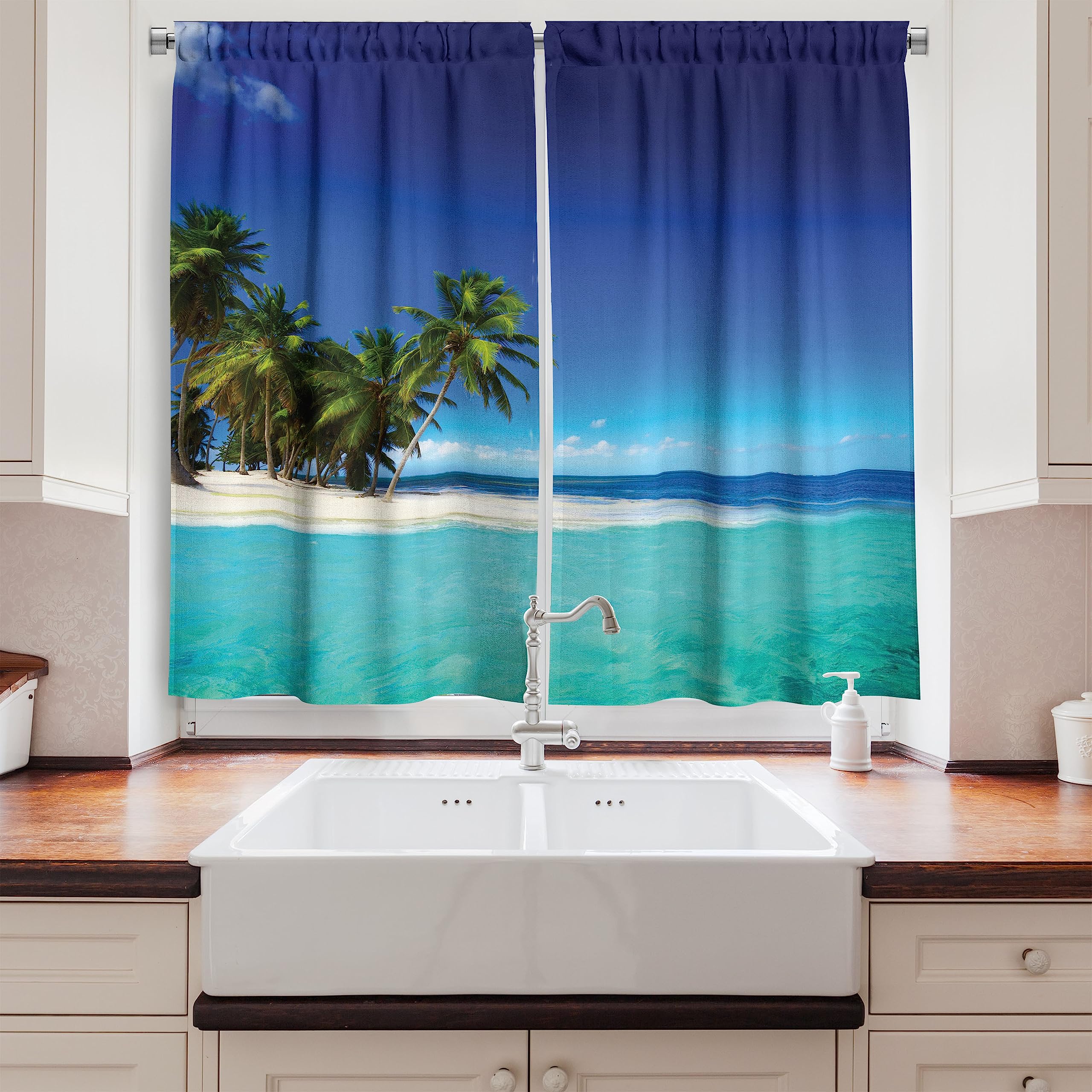 Ambesonne Ocean Themed Long Kitchen Curtains - Tropical Seaside Landscape Drapes with Rod Pocket, 55