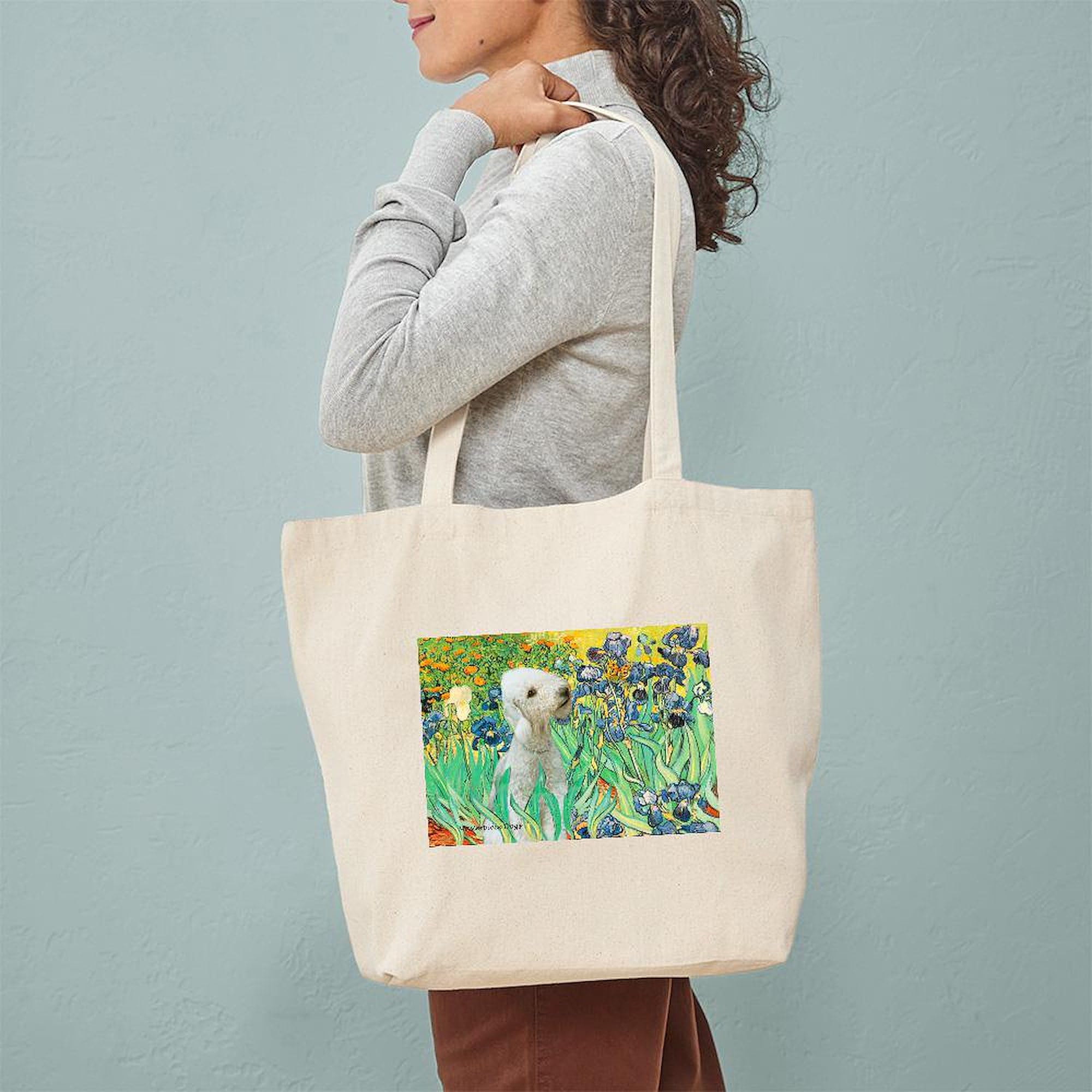 Van Gogh Irises & Bedlington Terrier Print Natural Canvas Tote Bag - Eco-Friendly Reusable Grocery Shopping Bag for Women, Beach, Farmers Market & Daily Use