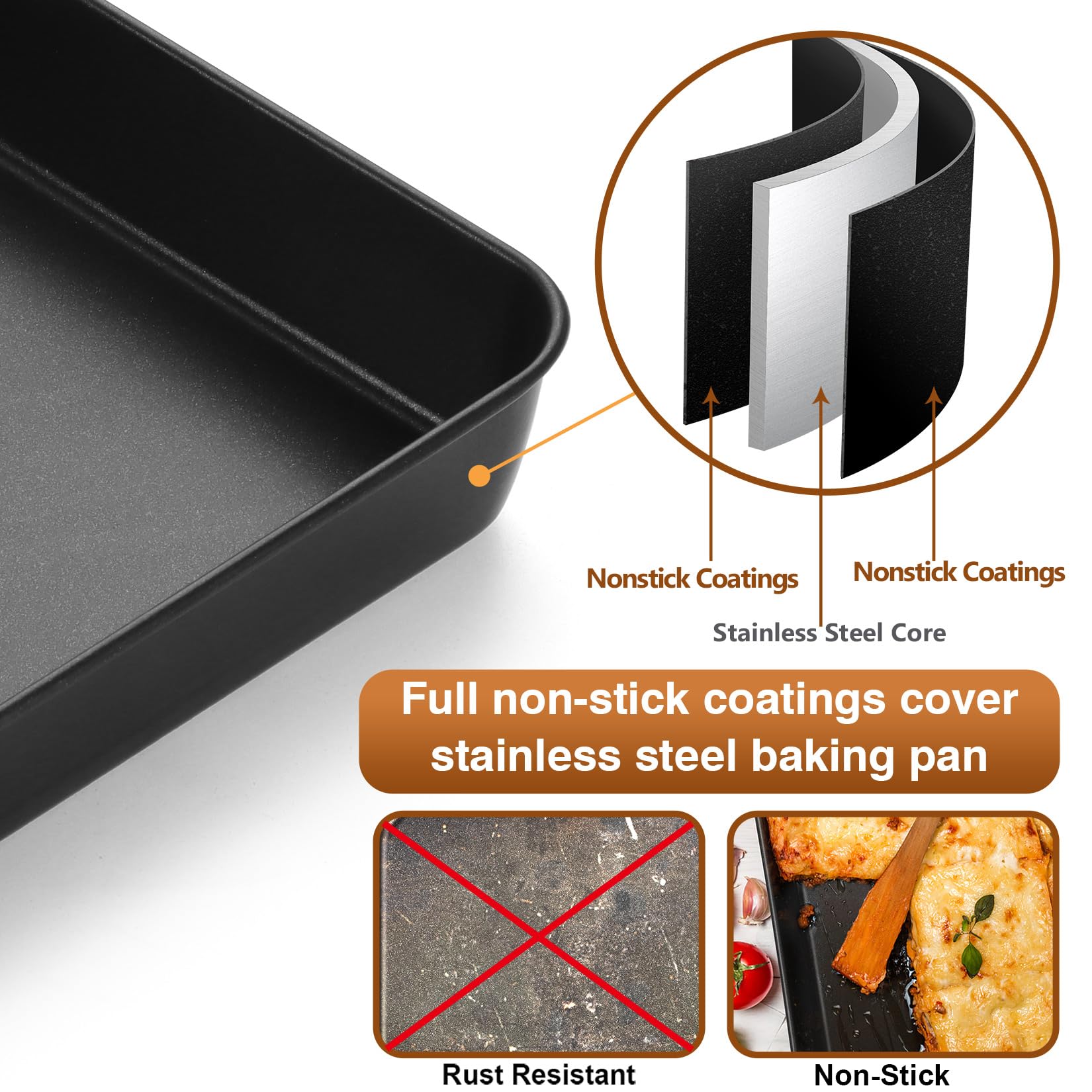 P&P CHEF Nonstick Small Lasagna Pan - 12.3 Inch Stainless Steel Deep Baking Tray for Toaster Oven - Perfect for Lasagna, Brownies, Meats & Casseroles - Heavy Duty Rectangular Bakeware - Easy to Clean - Ideal for Home Cooking, Meal Prep & Holiday Baking