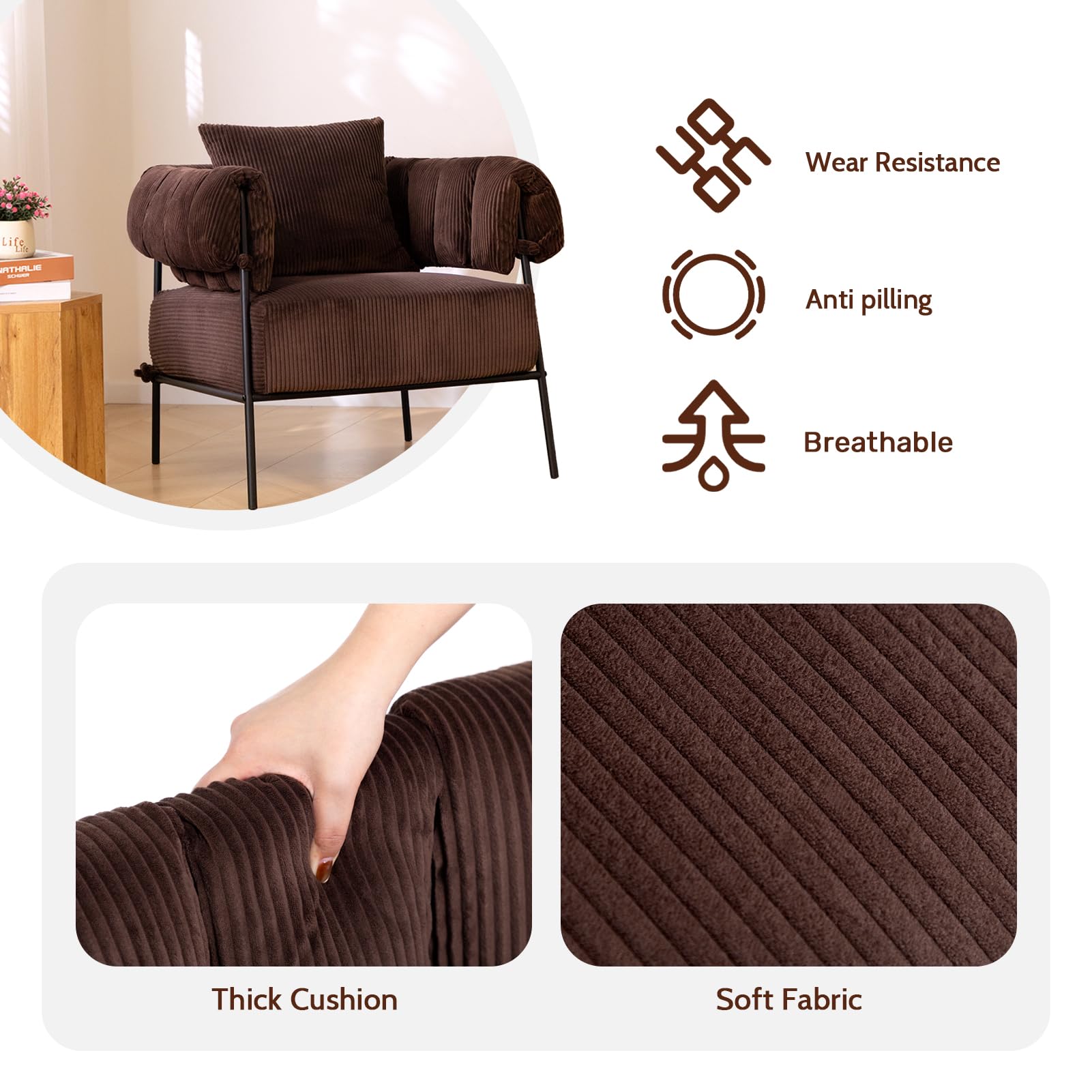 HollyHOME Modern Velvet Accent Chair with Ottoman - Plush Upholstered Reading Armchair & Footstool Set, Large Comfy Lounge Chair for Living Room, Bedroom, Office - Perfect for Relaxing, Reading & Coffee Time