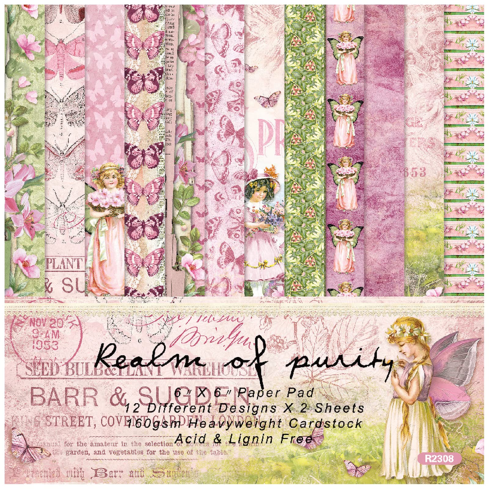 6x6 Floral Scrapbook Paper Pack - 48 Sheets Butterfly Pattern Cardstock, 12 Spring Designs, Single-Sided Specialty Craft Paper for DIY Cards, Journals, Scrapbooking (Green/Pink) - Perfect for Spring Crafts, Wedding Invitations & Home Decor