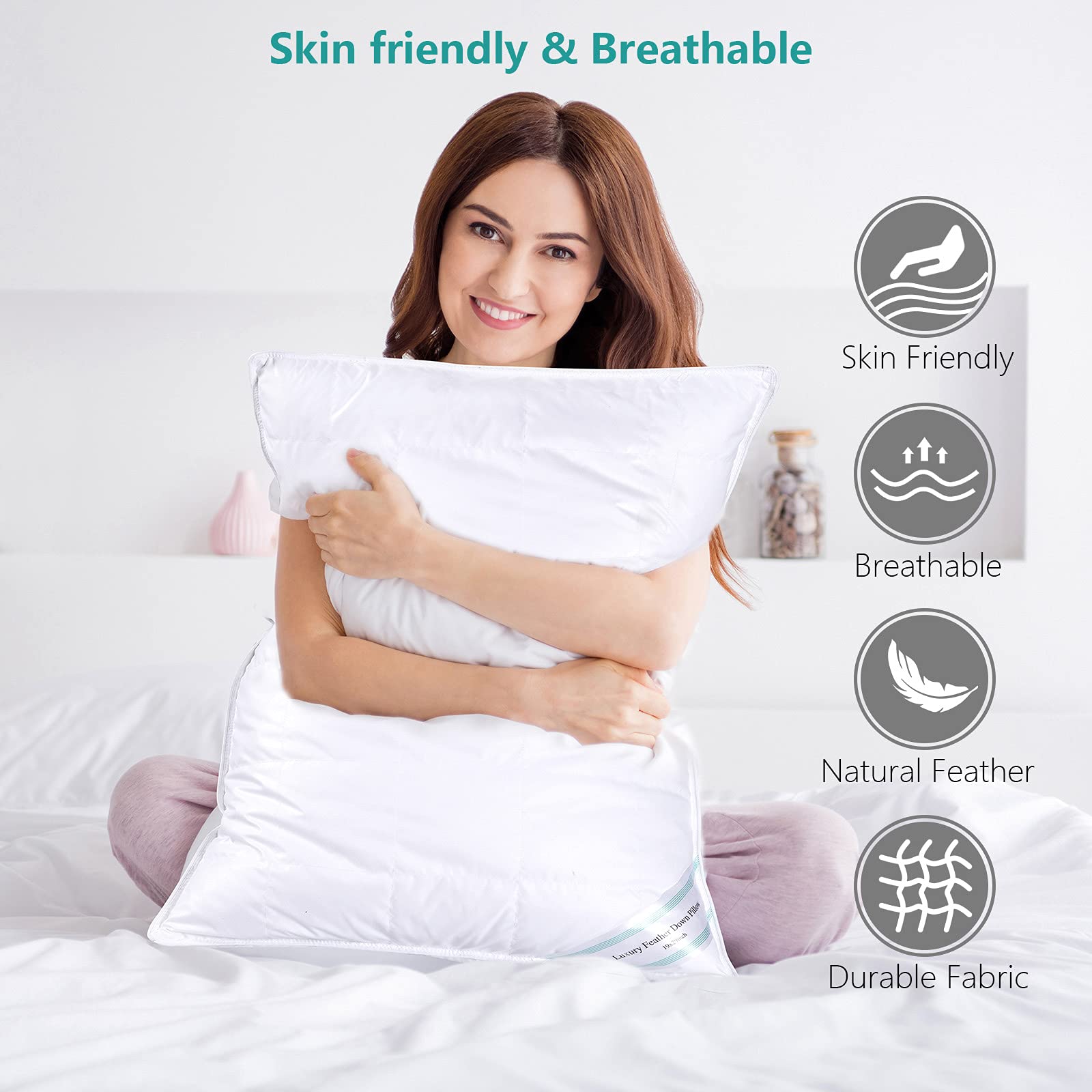 Premium Natural Feather & Down Pillows Set of 2 - Luxury Sleeping Pillows with Downproof Dual Layer Cover, Medium/Soft Support for Back & Side Sleepers (19x29 Inches) - Perfect for Home, Hotel & Guest Room Comfort