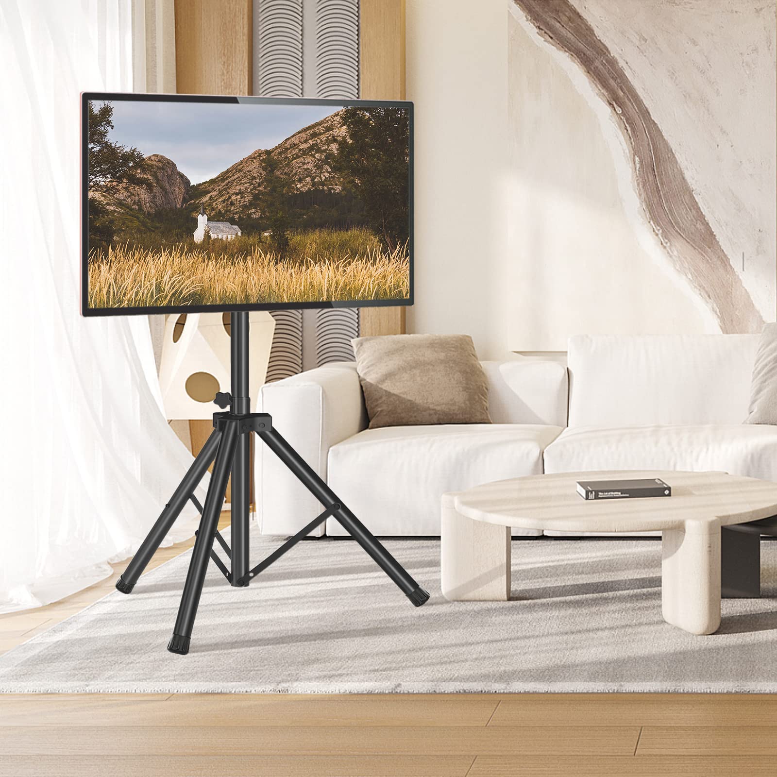 Heavy Duty Tripod TV Stand for 23-75 Inch Flat & Curved TVs - Adjustable Height Outdoor TV Mount with ±15° Tilt, 100 lbs Capacity & Safety Lock - Universal VESA 600x400mm - Perfect for Patio, Backyard, Camping & Tailgating - Black