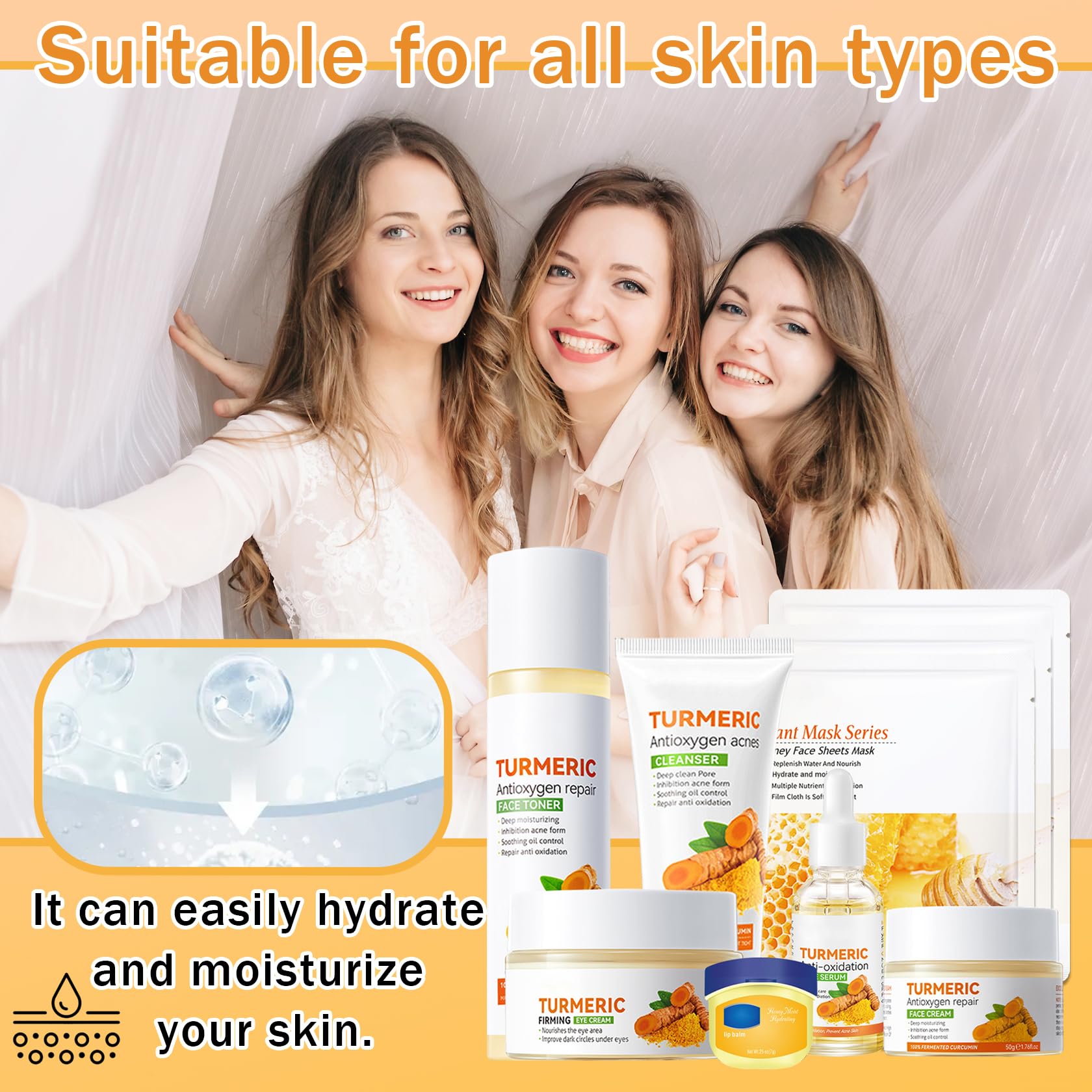 9-Piece Turmeric Skincare Set - Moisturizing Facial Cleanser, Toner, Serum, Face Cream, Eye Cream, Travel Lip Balm & 3 Sheet Masks | Brightening & Hydrating Routine for Glowing Skin | Perfect for Travel, Daily Care & Spa Nights
