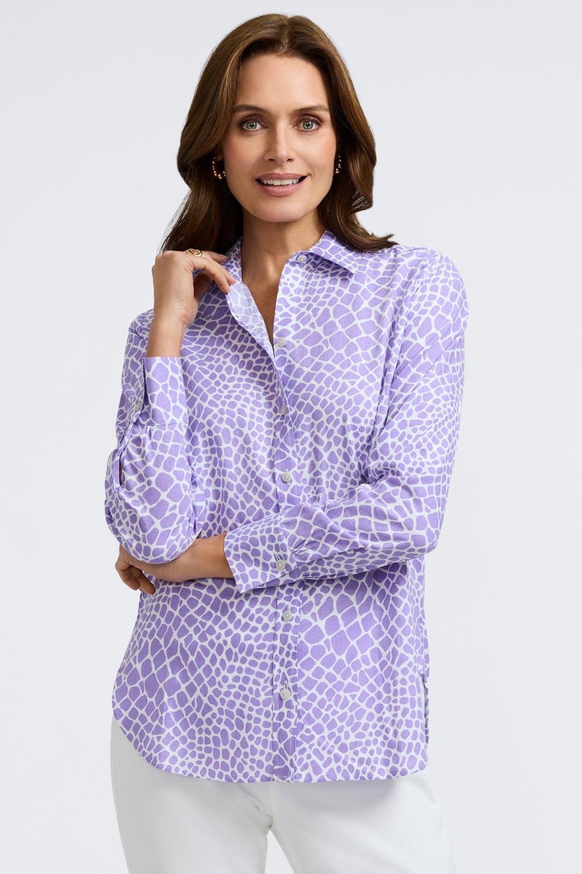 Meghan Linen Giraffe Print Long Sleeve Shirt for Women - Casual Boho Chic Top for Spring & Summer Outfits