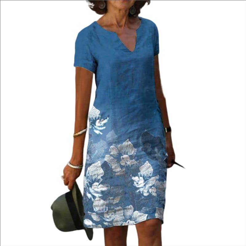 Akivide Women's Floral Print Linen Sundress - V Neck Short Sleeve Casual Summer Dress, Midi/Maxi Length for Beach, Vacation & Everyday Wear