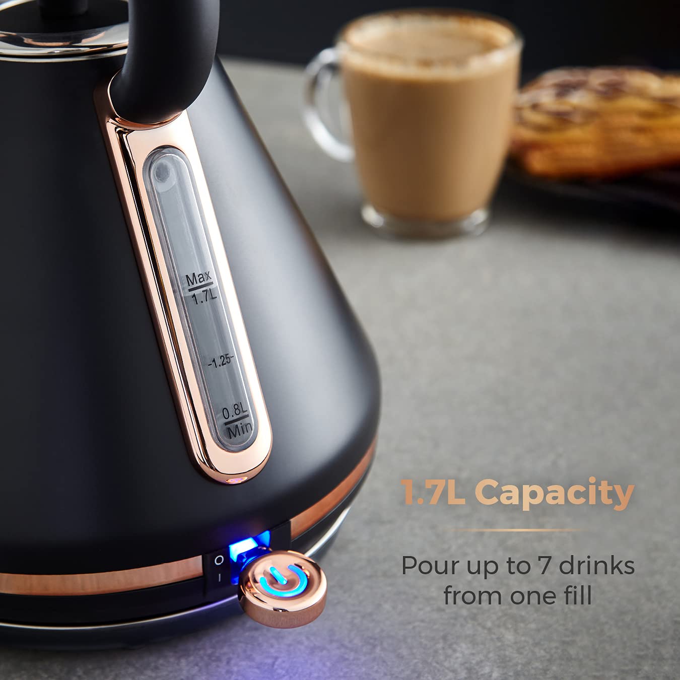 Premium Tower Cavaletto Black & Rose Gold 7-Piece Kitchen Set - Pyramid Kettle, 4-Slice Toaster, Microwave, Bread Bin & 3 Canisters for Tea, Coffee & Sugar | Stylish Modern Kitchen Essentials for Small Spaces & Apartments
