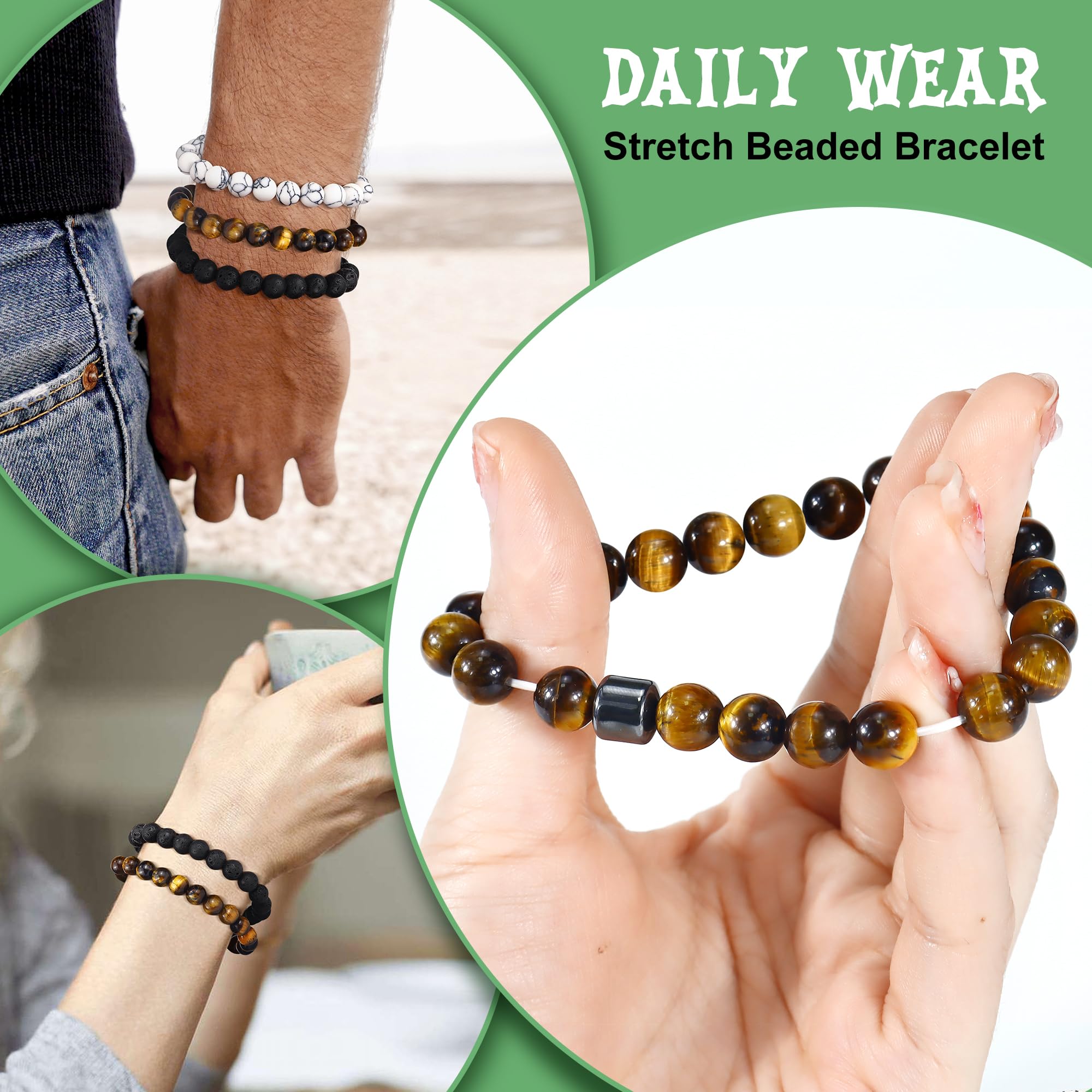 Albefer 3Pcs Natural Tiger Eye Stone Beaded Bracelet for Men & Women - Adjustable Healing Crystal Jewelry for Protection, Wealth & Positive Energy - Perfect Birthday Gift, Meditation & Spiritual Wellness Accessory