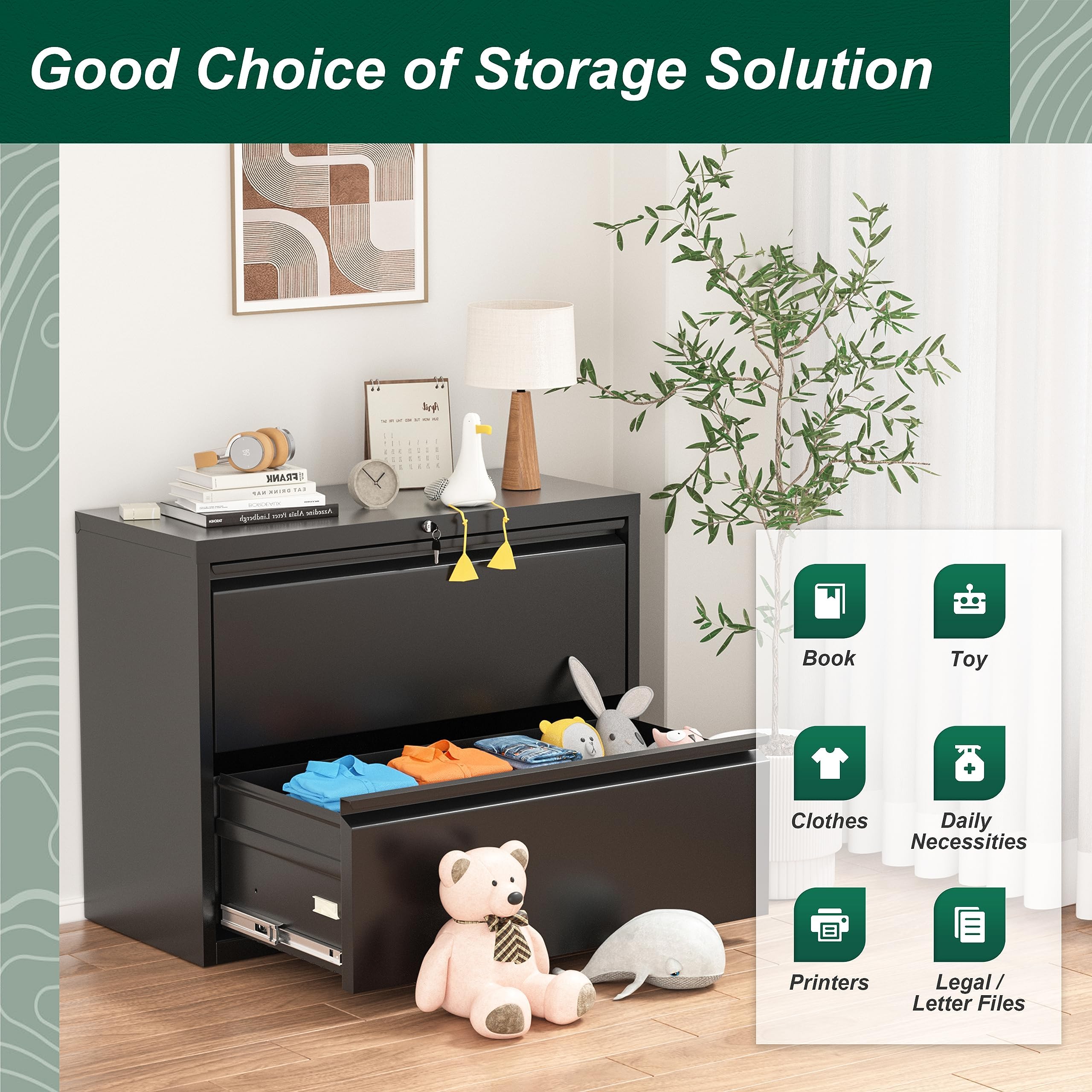 Superday 2-Drawer Metal Lateral File Cabinet with Lock - Black Lockable Filing Cabinet for Letter/A4/Legal Size Documents - Perfect for Home Office, School, or Business Organization